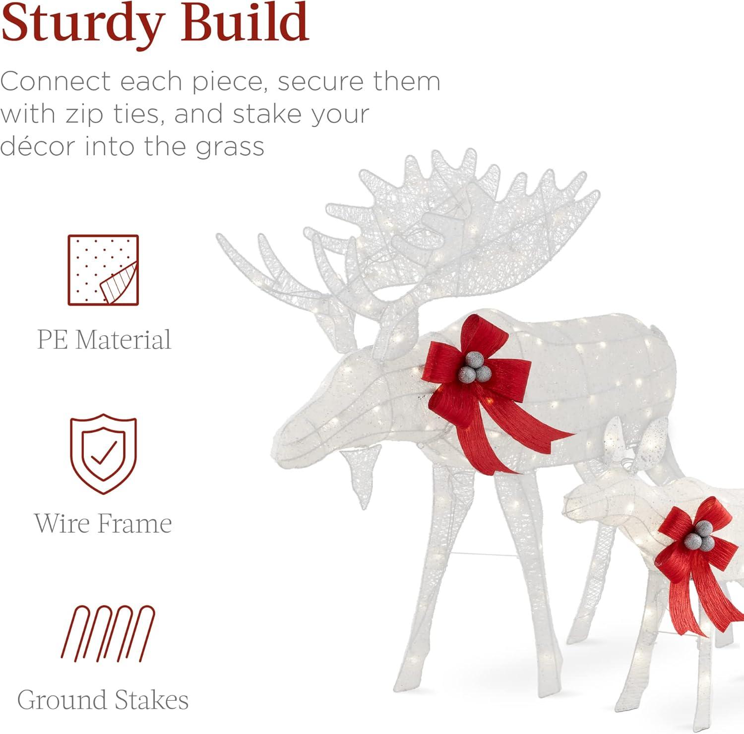 imageBest Choice Products 2Piece Moose Family Lighted Outdoor AllWeather Christmas Yard Decoration LightUp Dcor Set w 170 LED Lights Ground Stakes Zip Ties  GoldWhite  Large