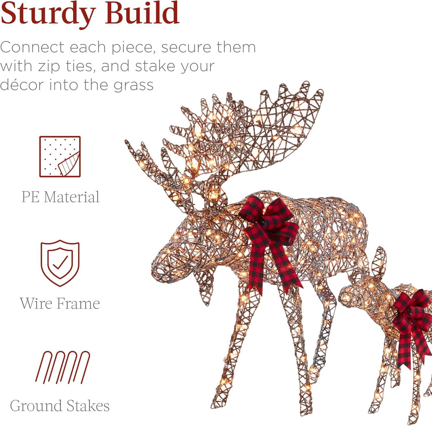 imageBest Choice Products 2Piece Moose Family Lighted Outdoor AllWeather Christmas Yard Decoration LightUp Dcor Set w 170 LED Lights Ground Stakes Zip Ties  GoldRattan  Large