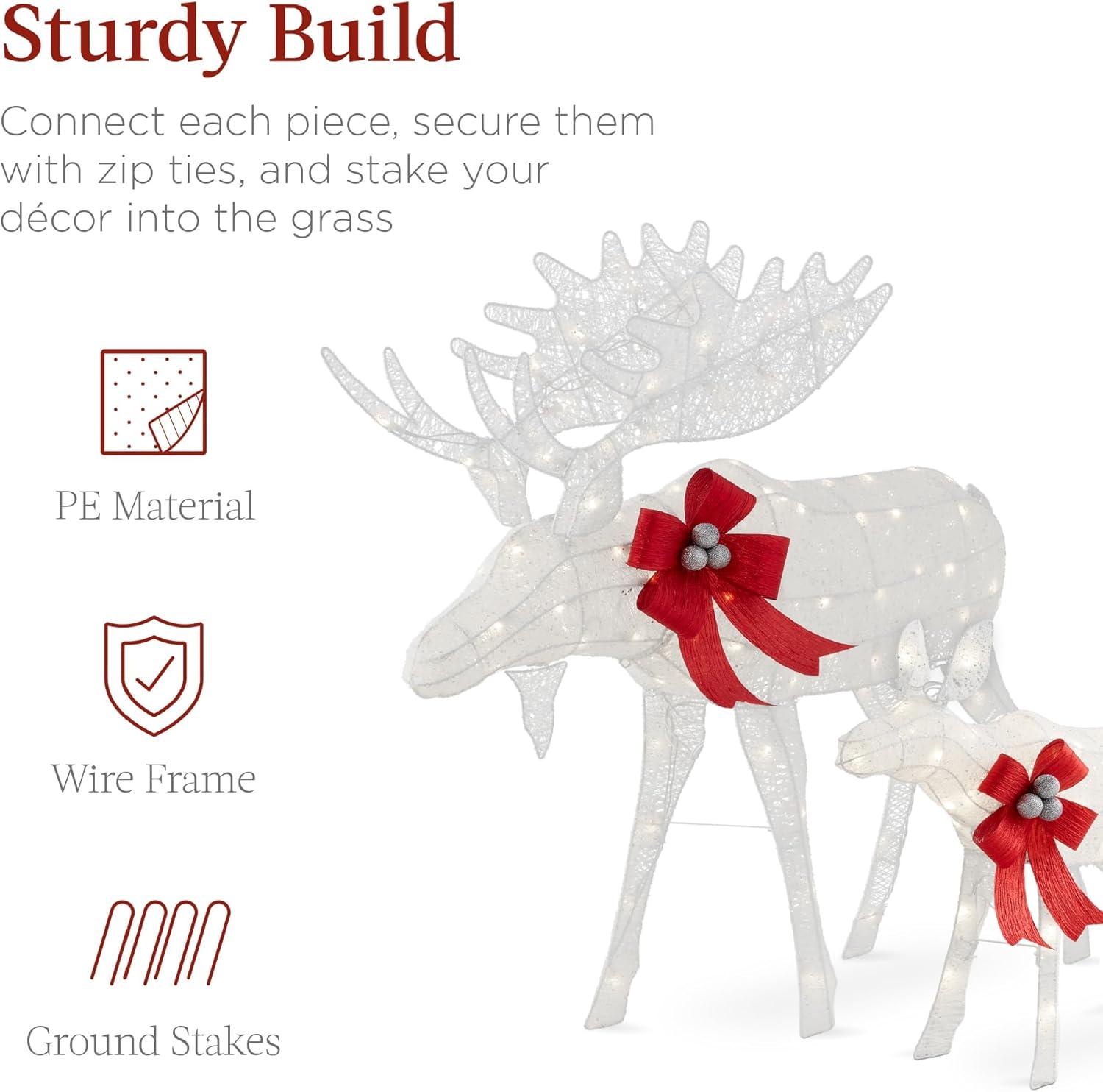 imageBest Choice Products 2Piece Moose Family Lighted Outdoor AllWeather Christmas Yard Decoration LightUp Dcor Set w 170 LED Lights Ground Stakes Zip Ties  GoldWhite  Extra Large