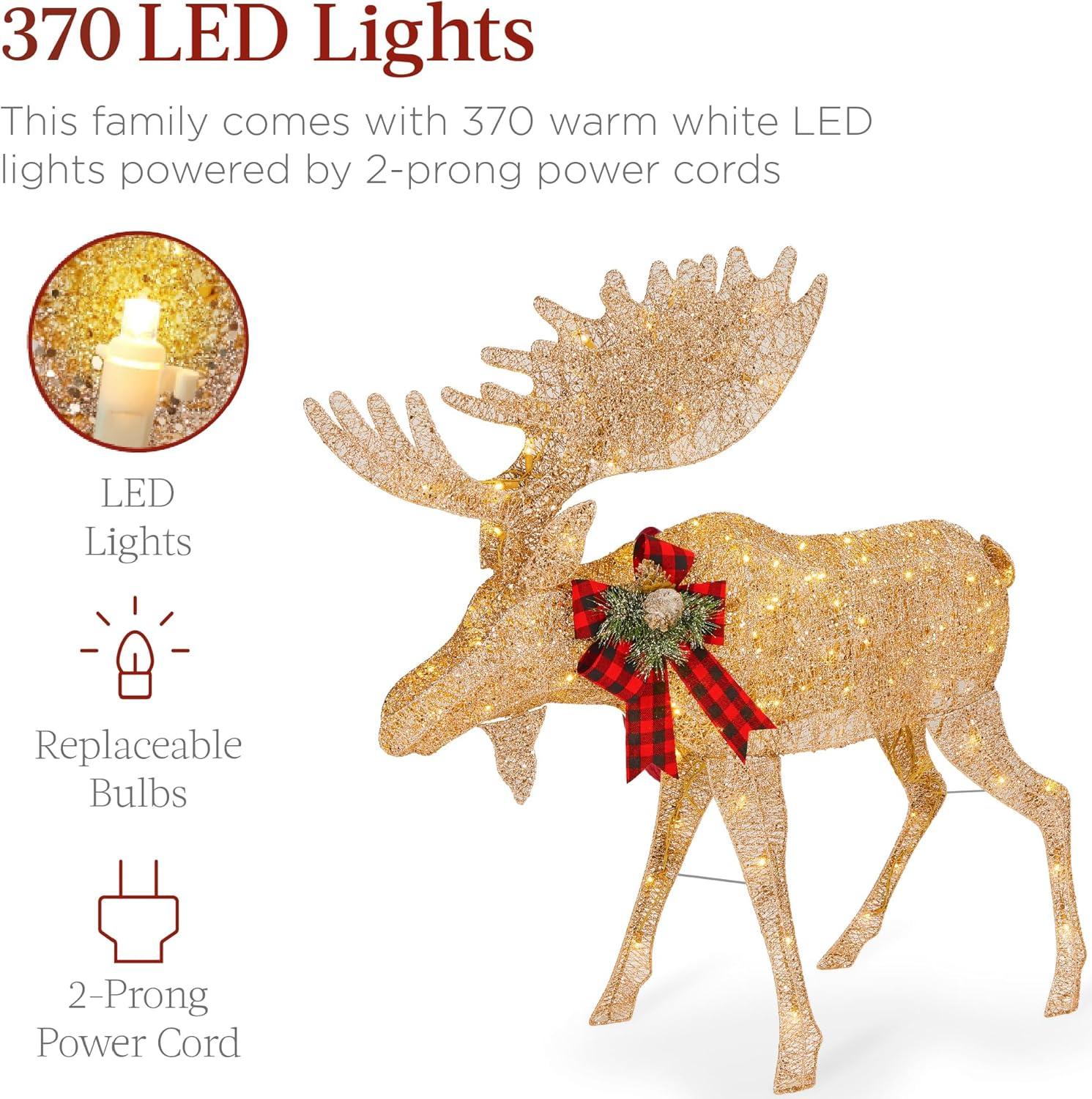 imageBest Choice Products 2Piece Moose Family Lighted Outdoor AllWeather Christmas Yard Decoration LightUp Dcor Set w 170 LED Lights Ground Stakes Zip Ties  GoldGold  Extra Large
