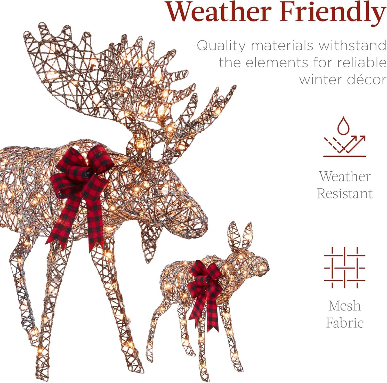 imageBest Choice Products 2Piece Moose Family Lighted Outdoor AllWeather Christmas Yard Decoration LightUp Dcor Set w 170 LED Lights Ground Stakes Zip Ties  GoldRattan  Large
