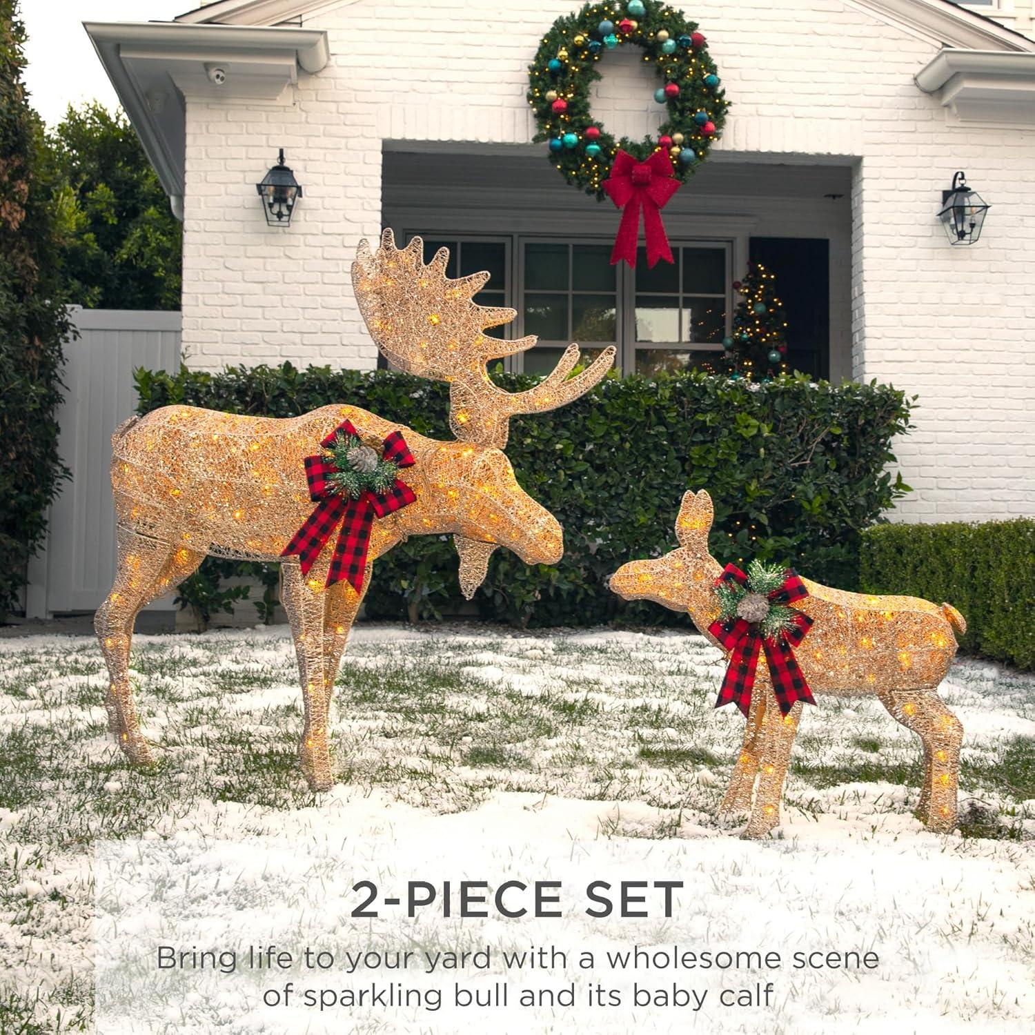 imageBest Choice Products 2Piece Moose Family Lighted Outdoor AllWeather Christmas Yard Decoration LightUp Dcor Set w 170 LED Lights Ground Stakes Zip Ties  GoldGold  Extra Large