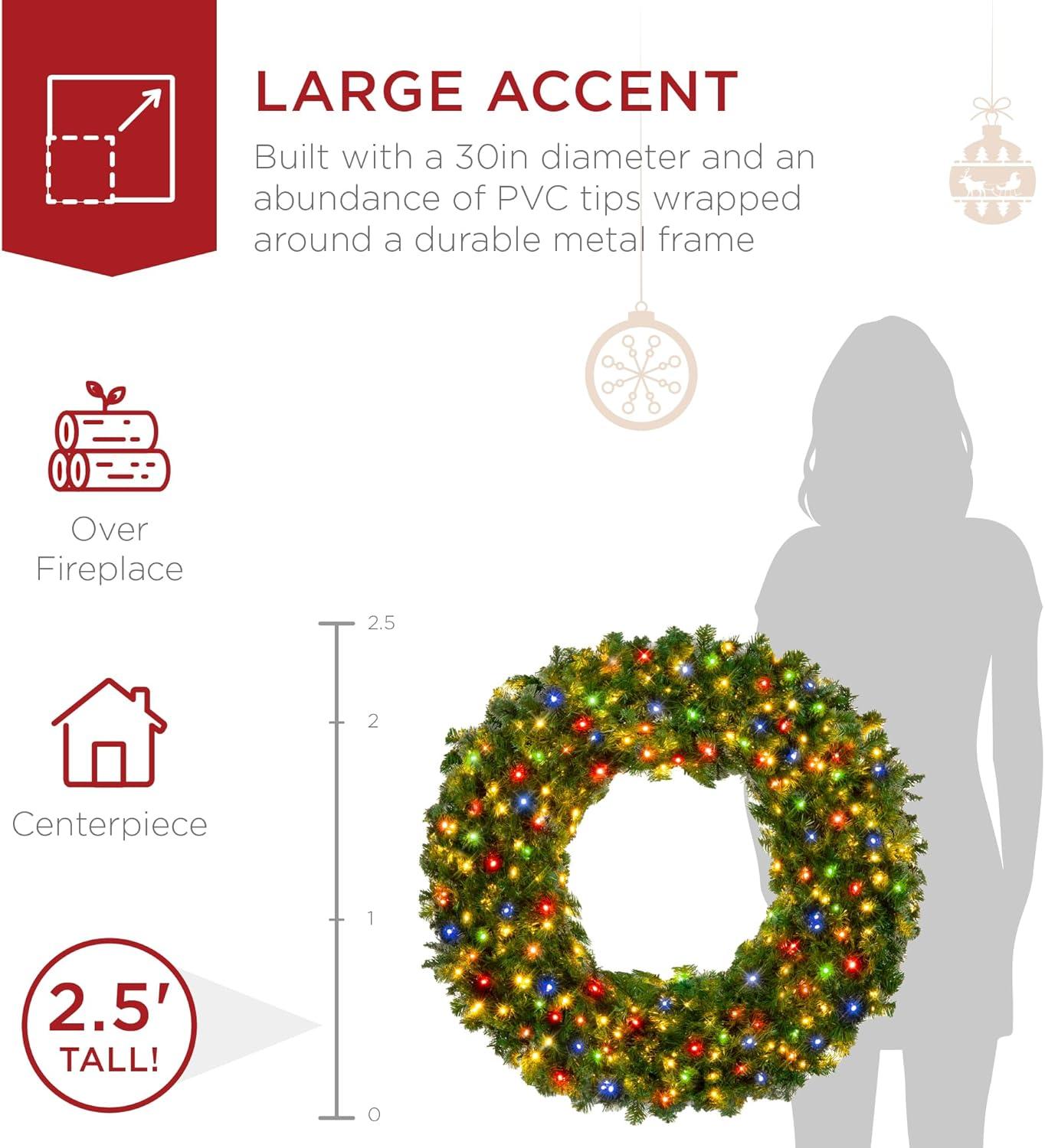 imageBest Choice Products 48in Large Artificial PreLit Fir Christmas Wreath Holiday Accent Decoration w 200 LED Lights 714 PVC TipsMulticolor Lights
