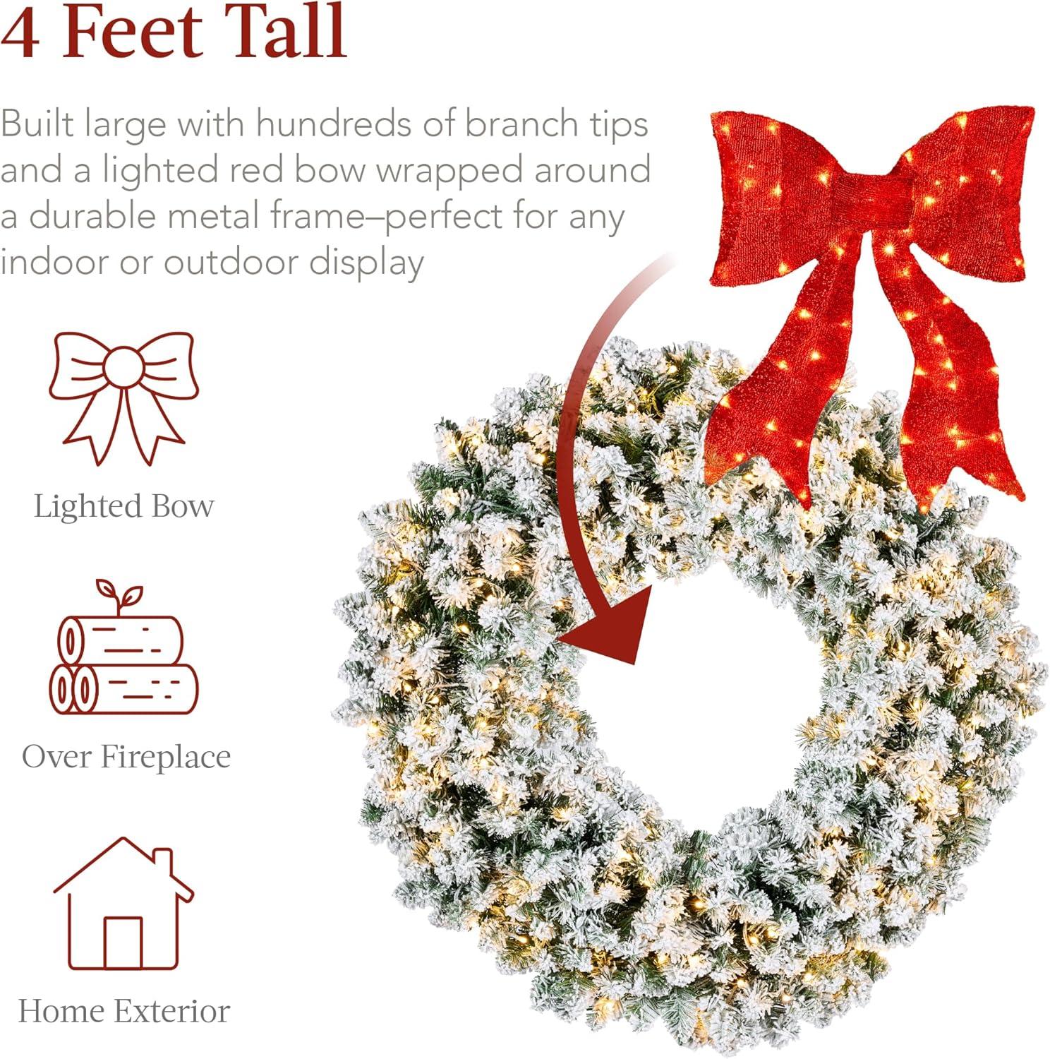 imageBest Choice Products 48in Large Flocked Artificial PreLit Fir Christmas Wreath Holiday Accent Decoration for Door Mantel wRed Lighted Bow 250 LED Lights 714 PVC Tips Power Plugin48in