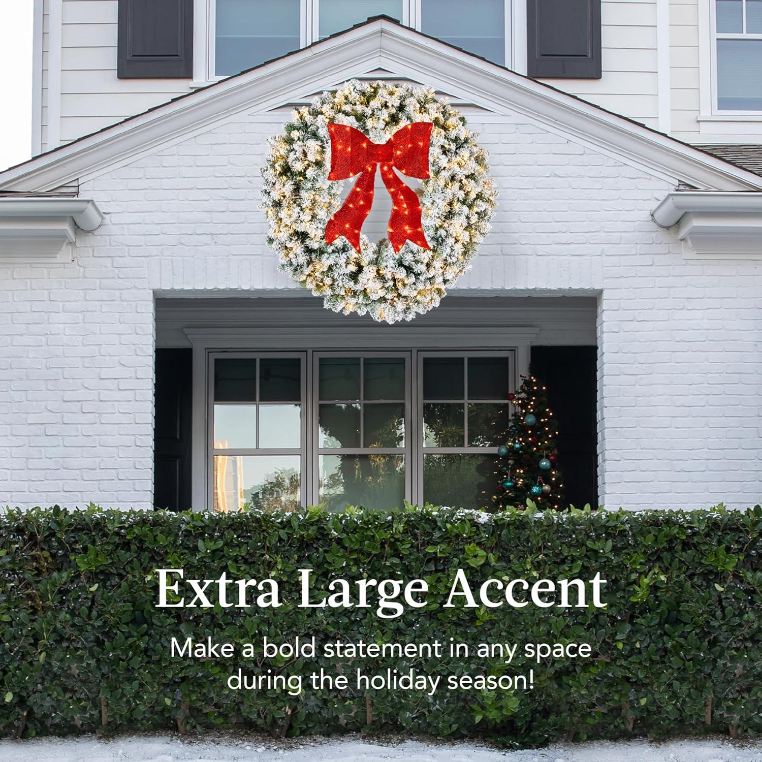 imageBest Choice Products 48in Large Flocked Artificial PreLit Fir Christmas Wreath Holiday Accent Decoration for Door Mantel wRed Lighted Bow 250 LED Lights 714 PVC Tips Power Plugin60in