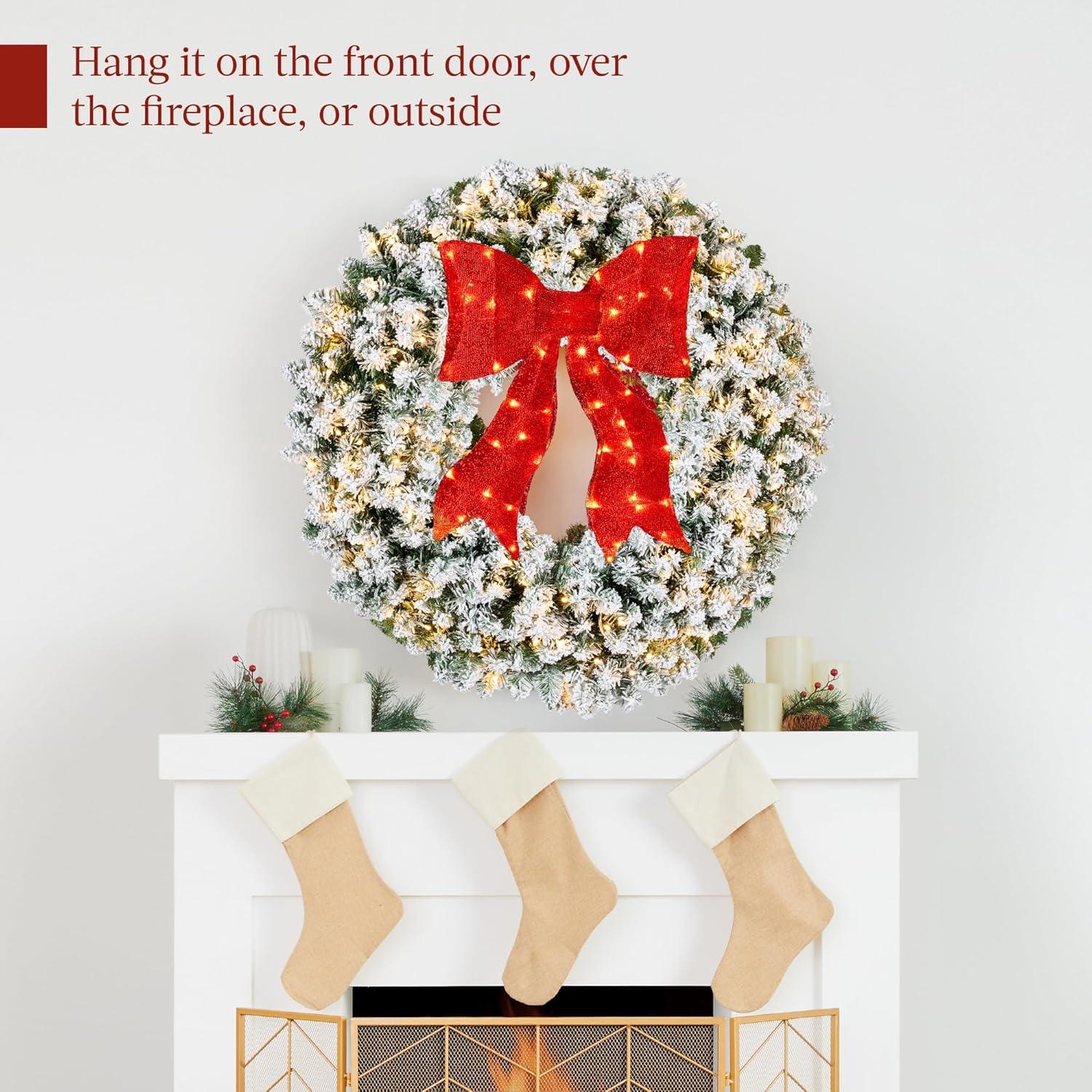 imageBest Choice Products 48in Large Flocked Artificial PreLit Fir Christmas Wreath Holiday Accent Decoration for Door Mantel wRed Lighted Bow 250 LED Lights 714 PVC Tips Power Plugin60in
