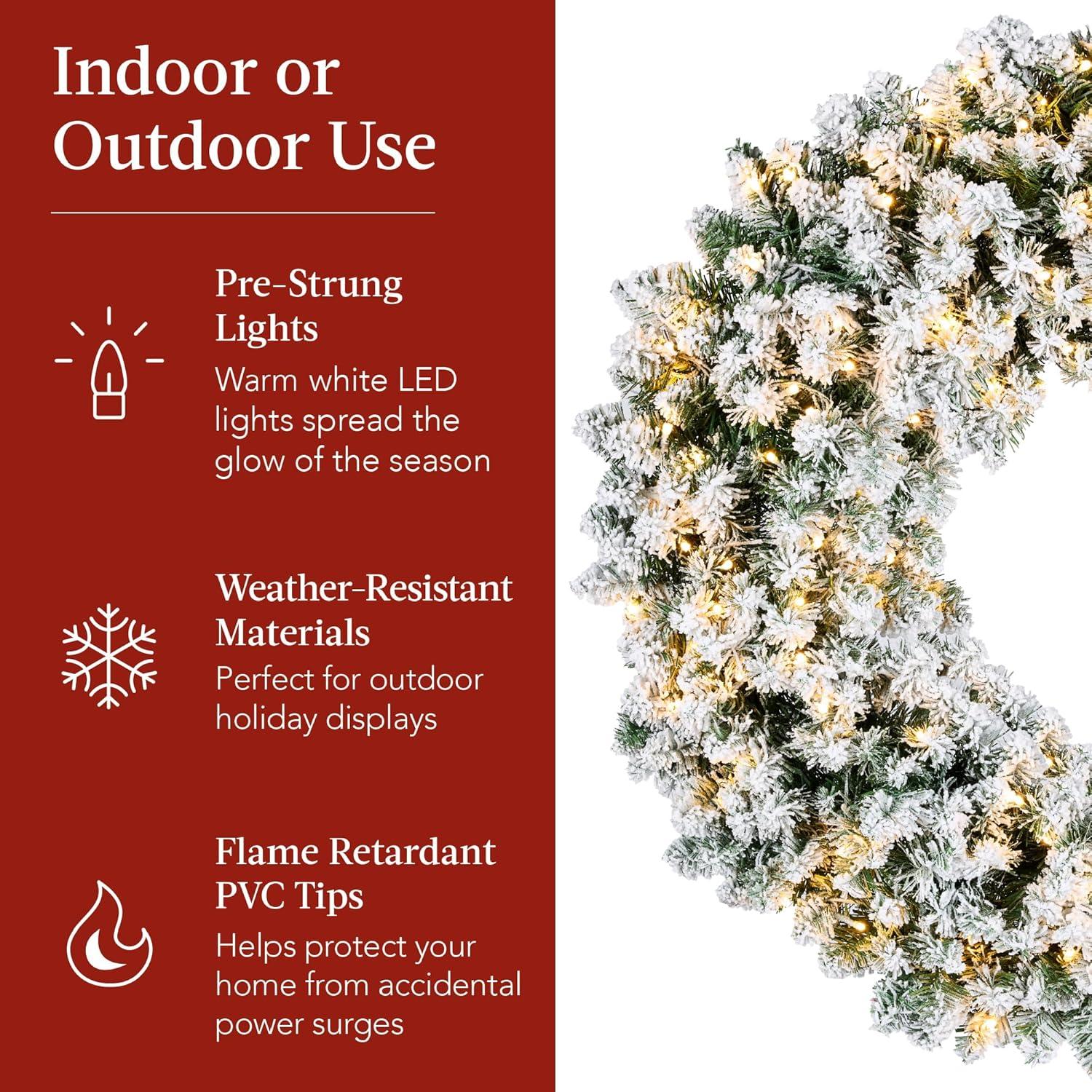 imageBest Choice Products 48in Large Flocked Artificial PreLit Fir Christmas Wreath Holiday Accent Decoration for Door Mantel wRed Lighted Bow 250 LED Lights 714 PVC Tips Power Plugin48in