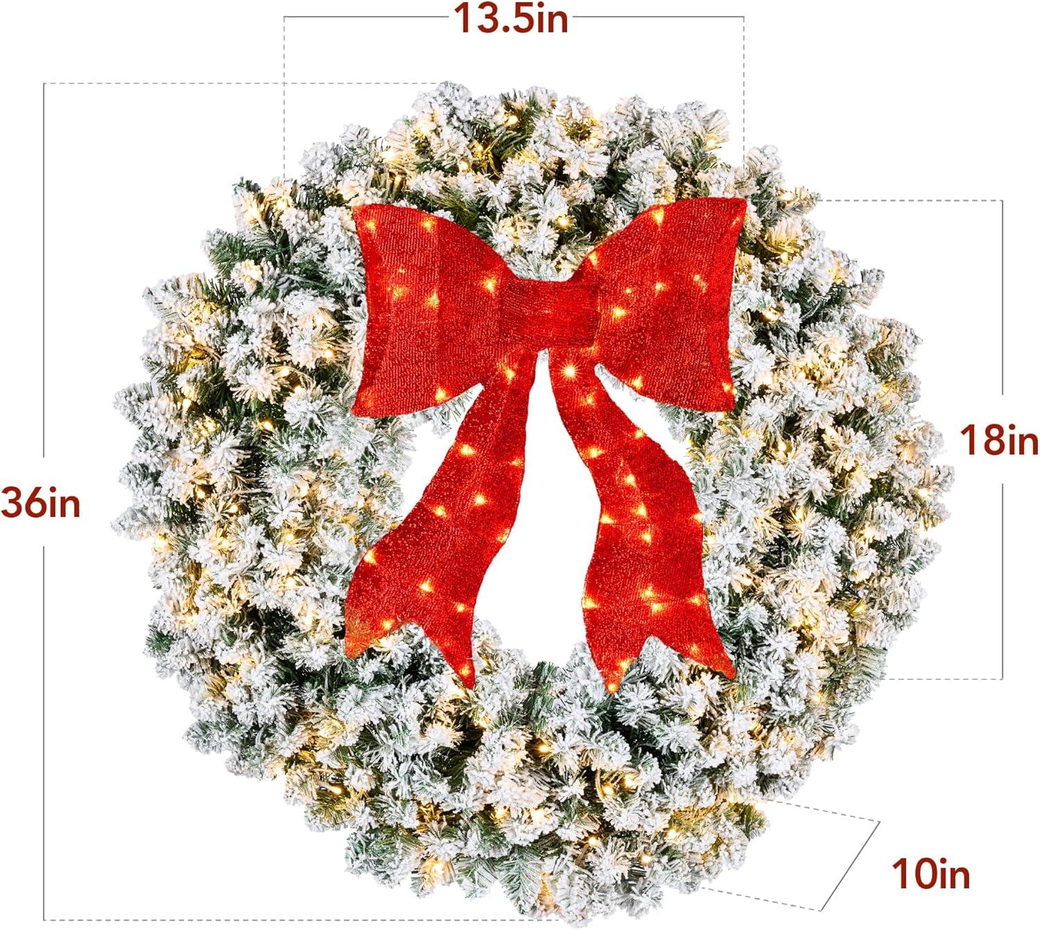imageBest Choice Products 48in Large Flocked Artificial PreLit Fir Christmas Wreath Holiday Accent Decoration for Door Mantel wRed Lighted Bow 250 LED Lights 714 PVC Tips Power Plugin36in