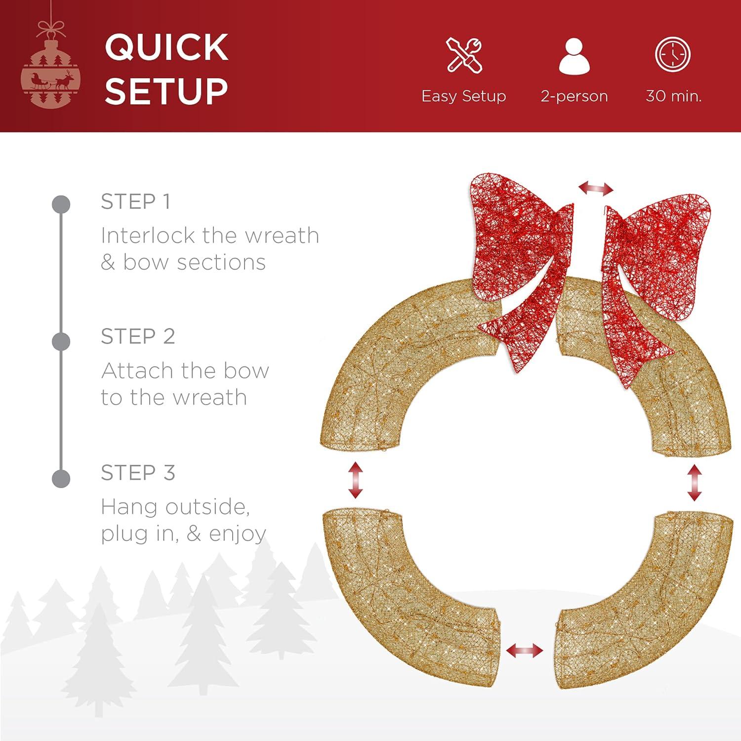 imageBest Choice Products 48in PreLit Outdoor Christmas Wreath Decoration LED Metal Holiday Decor for Home w 140 Lights Bow  GoldRedGoldRed