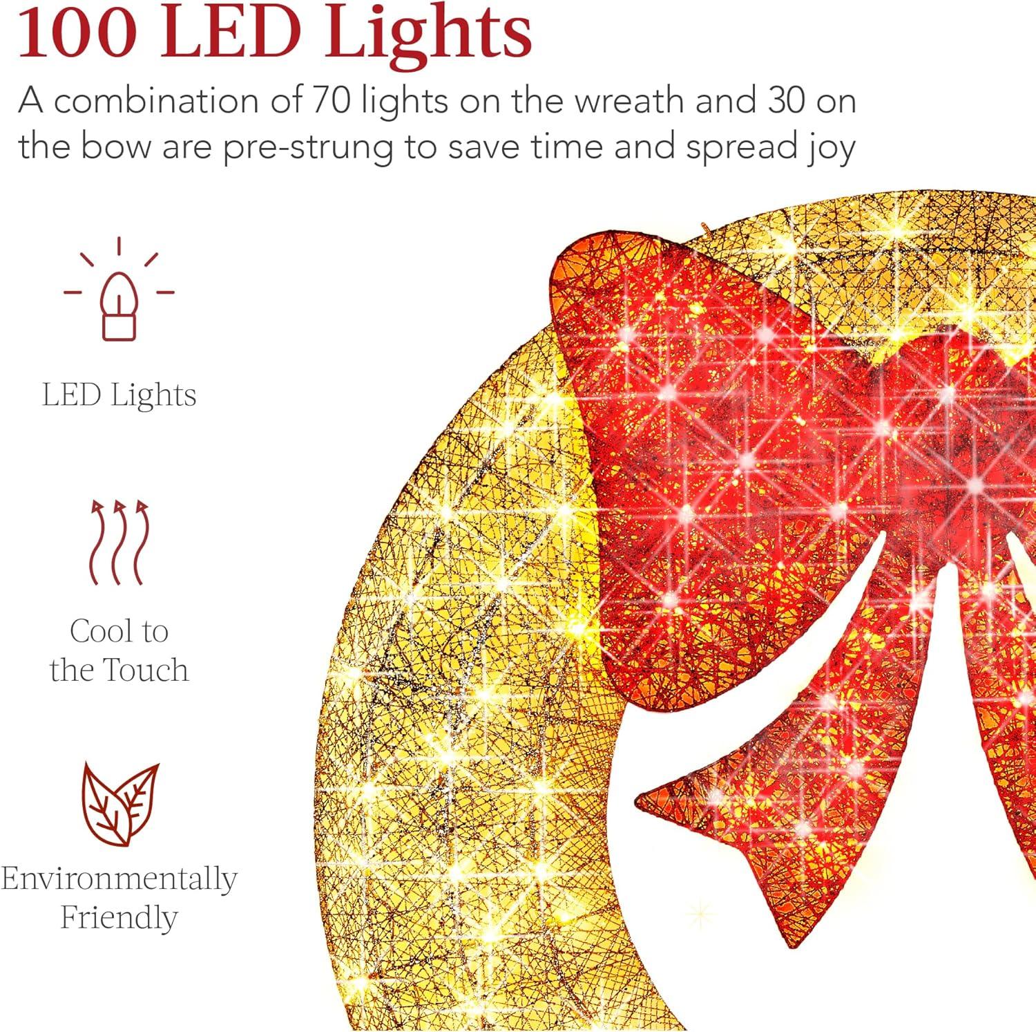 imageBest Choice Products 48in PreLit Outdoor Christmas Wreath Decoration LED Metal Holiday Decor for Home w 140 Lights Bow  GoldRedGoldRed