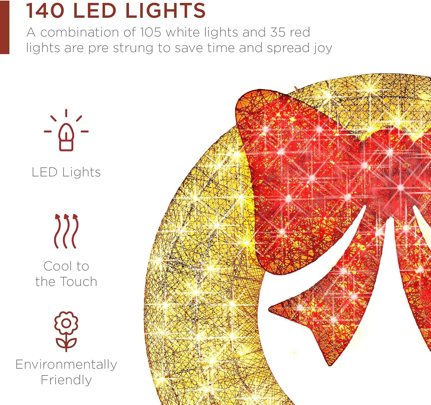imageBest Choice Products 48in PreLit Outdoor Christmas Wreath Decoration LED Metal Holiday Decor for Home w 140 Lights Bow  GoldRedGoldRed