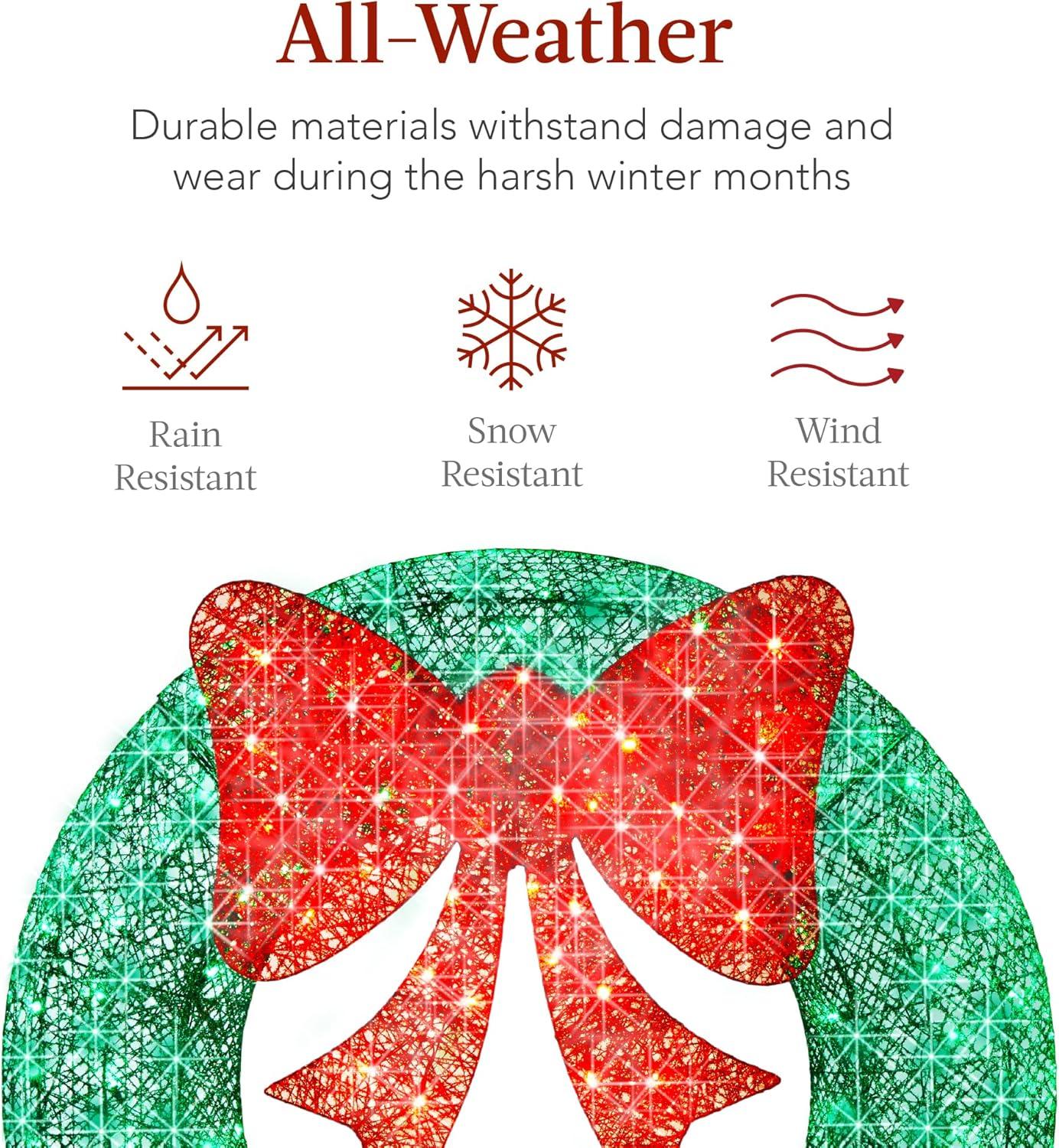 imageBest Choice Products 48in PreLit Outdoor Christmas Wreath Decoration LED Metal Holiday Decor for Home w 140 Lights Bow  GoldRedGreenRed
