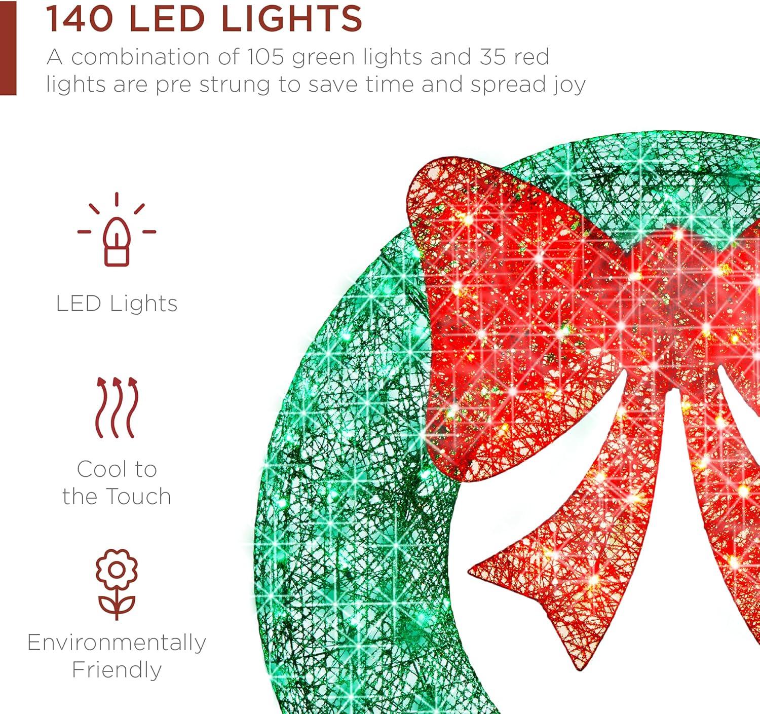 imageBest Choice Products 48in PreLit Outdoor Christmas Wreath Decoration LED Metal Holiday Decor for Home w 140 Lights Bow  GoldRedGreenRed