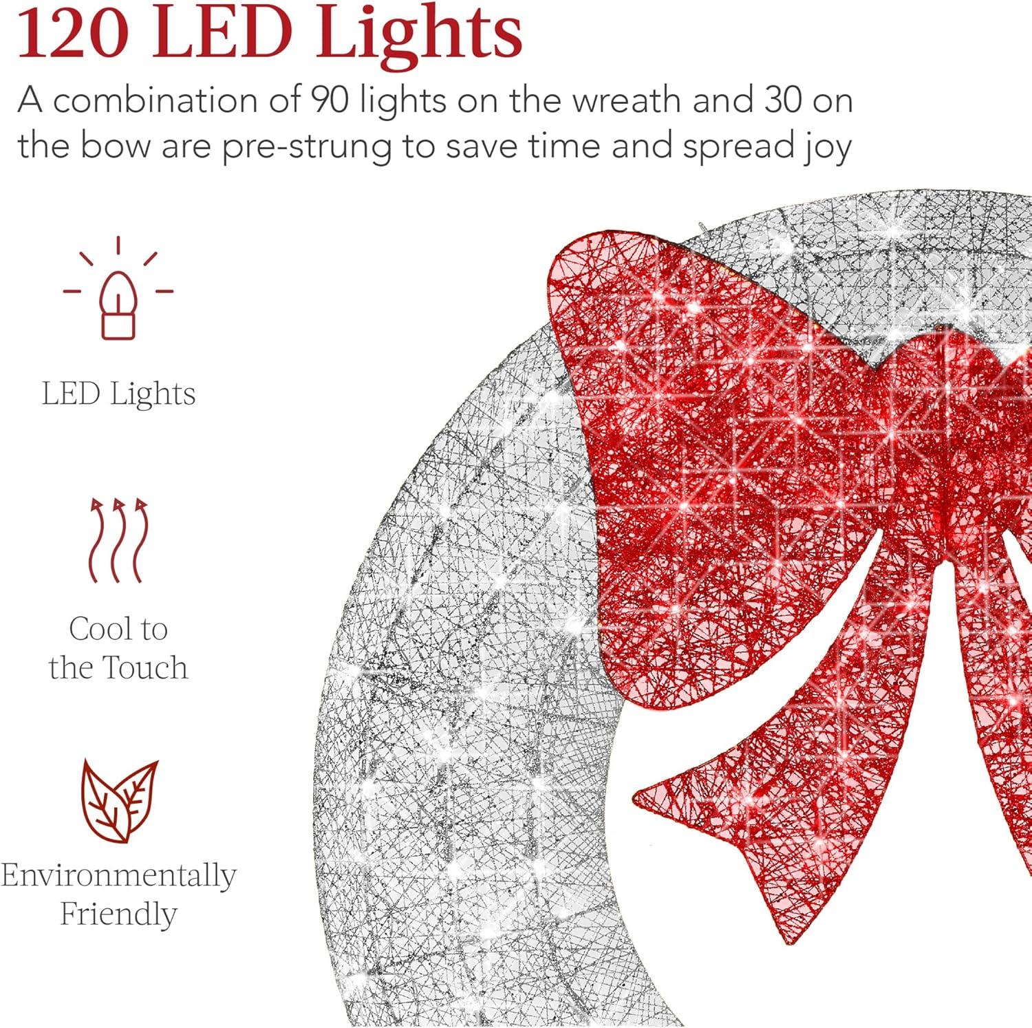 imageBest Choice Products 48in PreLit Outdoor Christmas Wreath Decoration LED Metal Holiday Decor for Home w 140 Lights Bow  GoldRedSilverRed