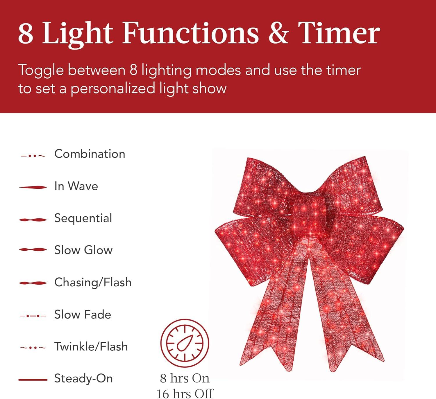 imageBest Choice Products 48in PreLit XL Christmas Bow Decoration Large Outdoor LED Holiday Yard Dcor w 200 Lights 8 Light Functions Timer HookRed