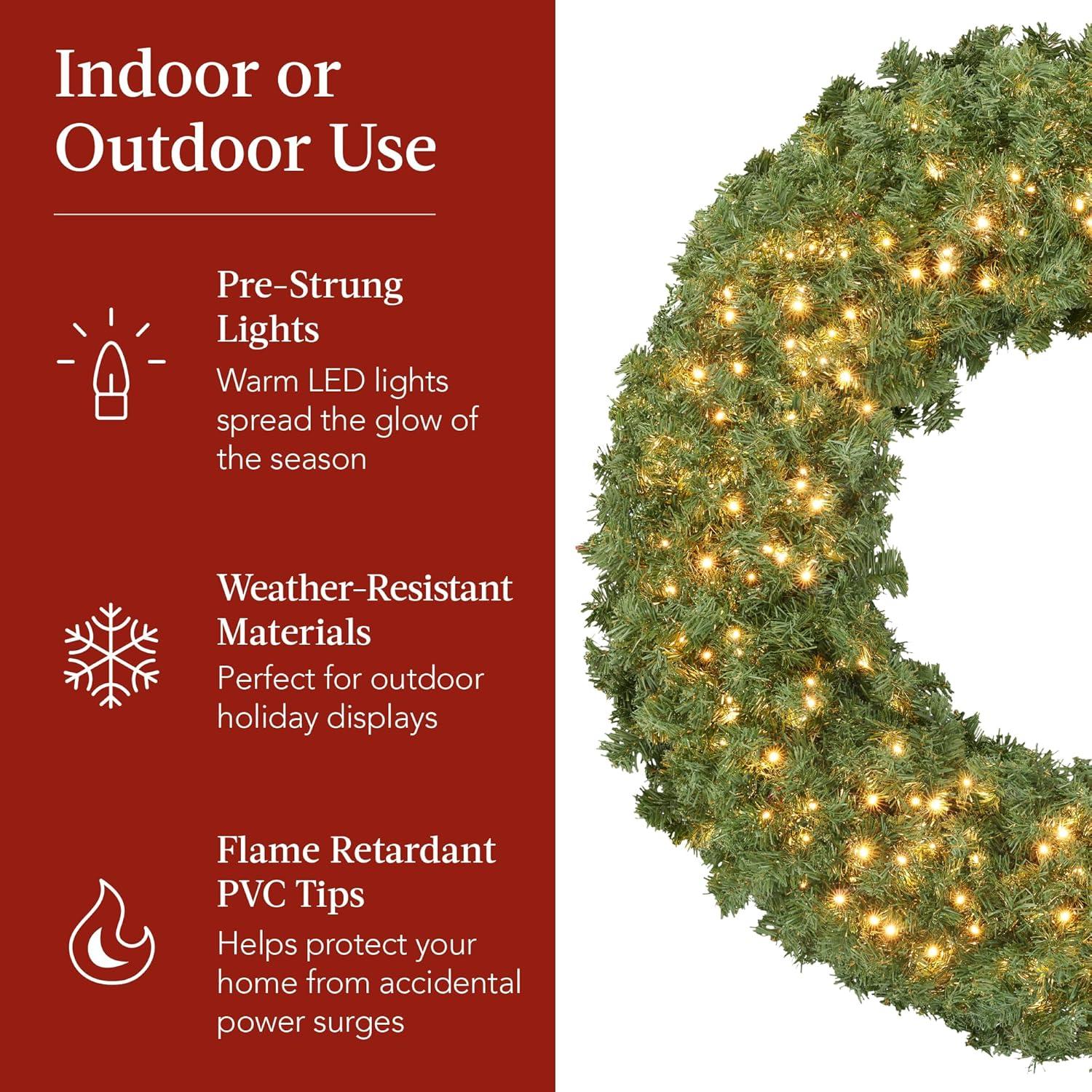 imageBest Choice Products 60in Large Artificial PreLit Fir Christmas Wreath Holiday Accent Decoration for Door Mantel wRed Lighted Bow 375 LED Lights 930 PVC Tips Power Plugin36in
