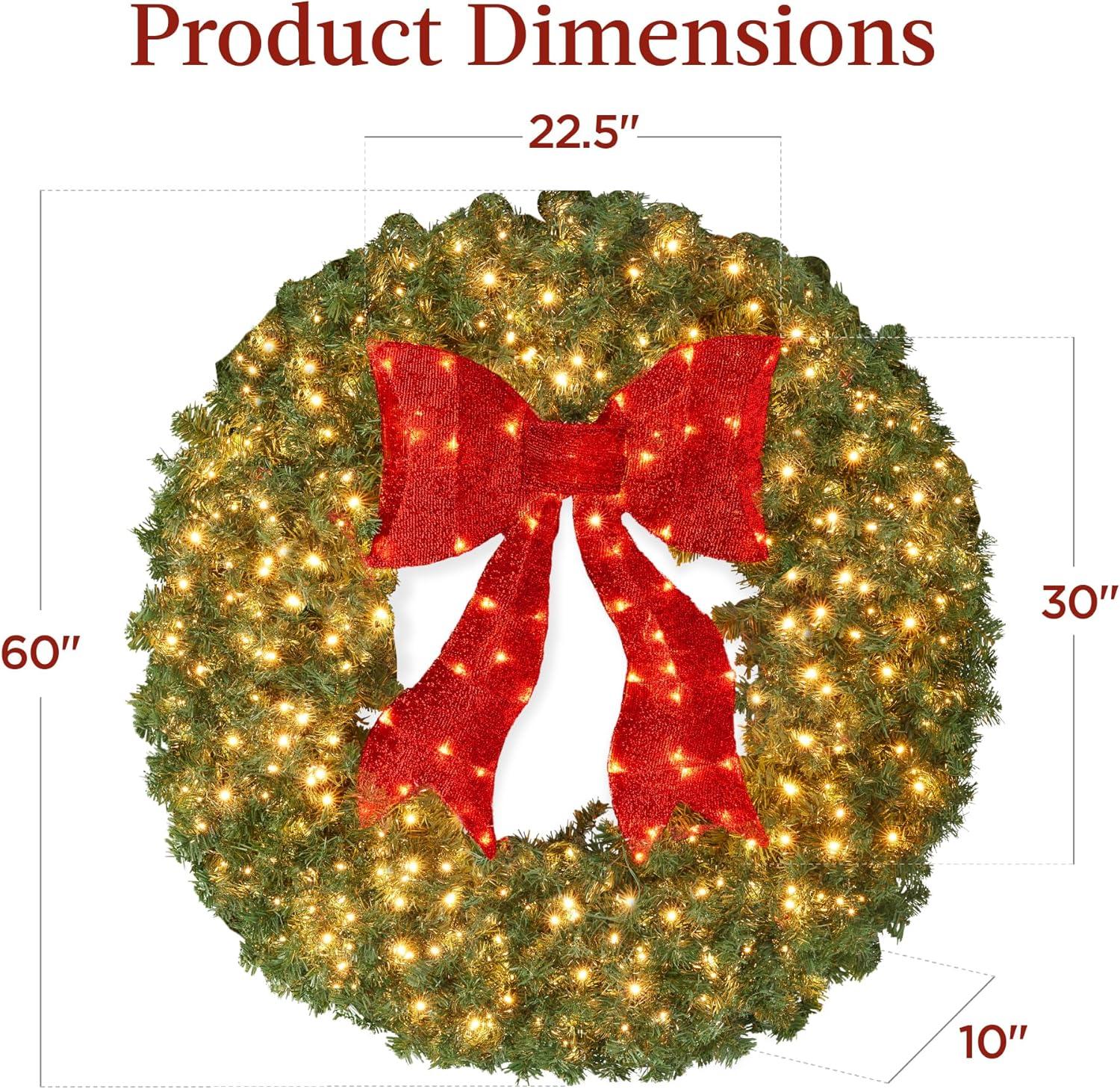 imageBest Choice Products 60in Large Artificial PreLit Fir Christmas Wreath Holiday Accent Decoration for Door Mantel wRed Lighted Bow 375 LED Lights 930 PVC Tips Power Plugin60in