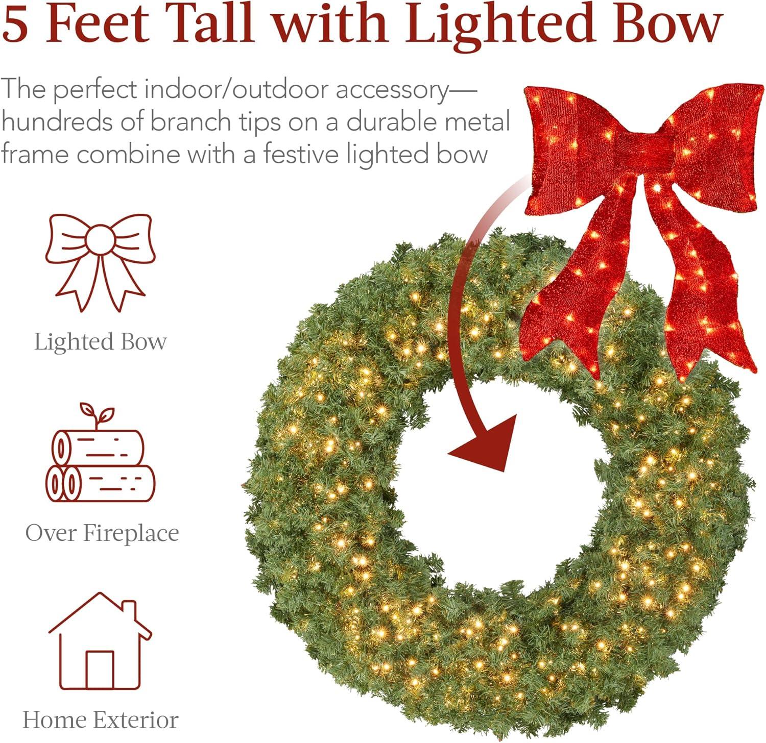 imageBest Choice Products 60in Large Artificial PreLit Fir Christmas Wreath Holiday Accent Decoration for Door Mantel wRed Lighted Bow 375 LED Lights 930 PVC Tips Power Plugin60in