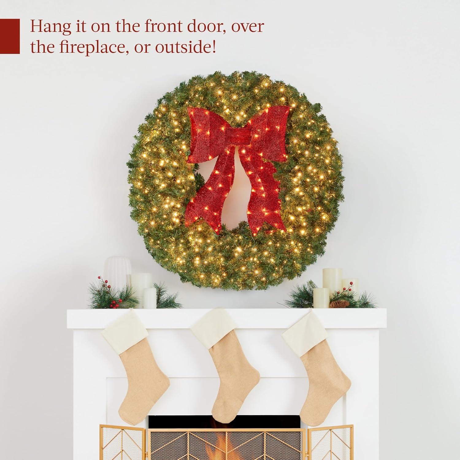 imageBest Choice Products 60in Large Artificial PreLit Fir Christmas Wreath Holiday Accent Decoration for Door Mantel wRed Lighted Bow 375 LED Lights 930 PVC Tips Power Plugin24in