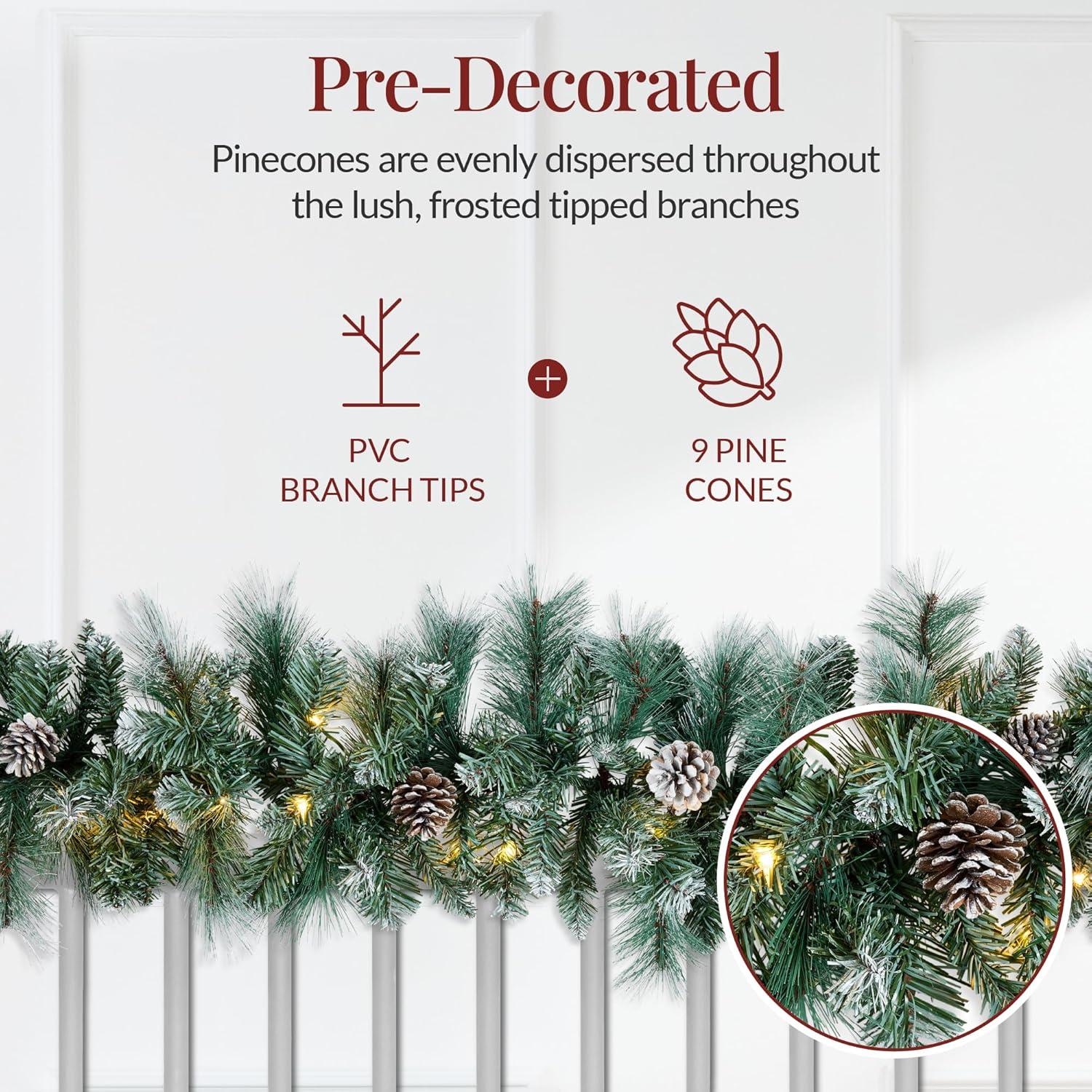 imageBest Choice Products 9ft PreLit Holiday PreDecorated Christmas Garland for Stairs Fireplace Decoration wPVC Tips 50 Lights Pine Cones Berries  SemiFlockedFrosted  Battery
