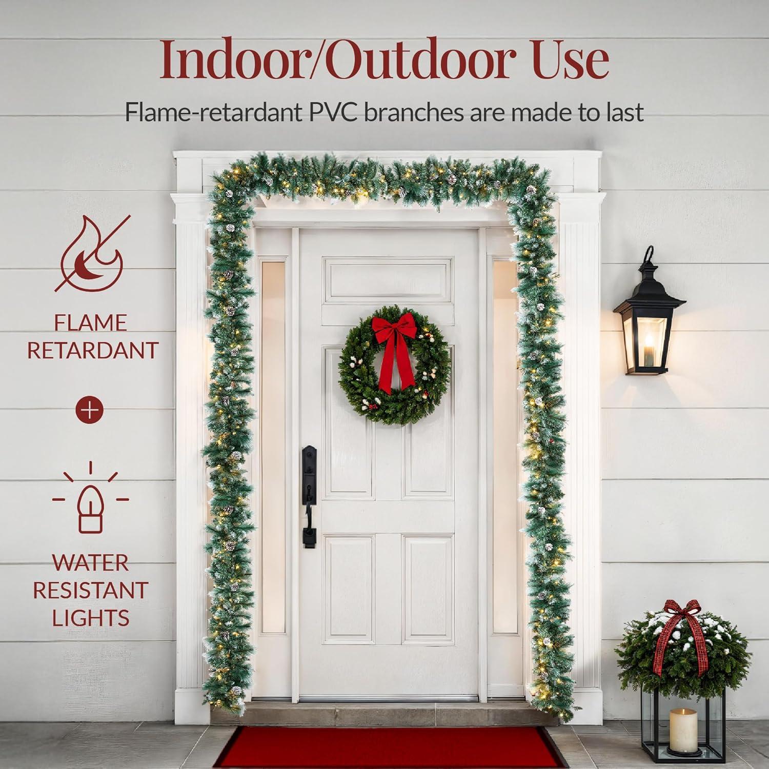 imageBest Choice Products 9ft PreLit Holiday PreDecorated Christmas Garland for Stairs Fireplace Decoration wPVC Tips 50 Lights Pine Cones Berries  SemiFlockedFrosted  Battery