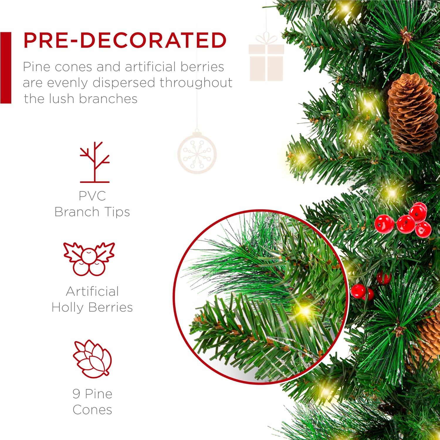 imageBest Choice Products 9ft PreLit Holiday PreDecorated Christmas Garland for Stairs Fireplace Decoration wPVC Tips 50 Lights Pine Cones Berries  SemiFlockedGreenBerries  Battery
