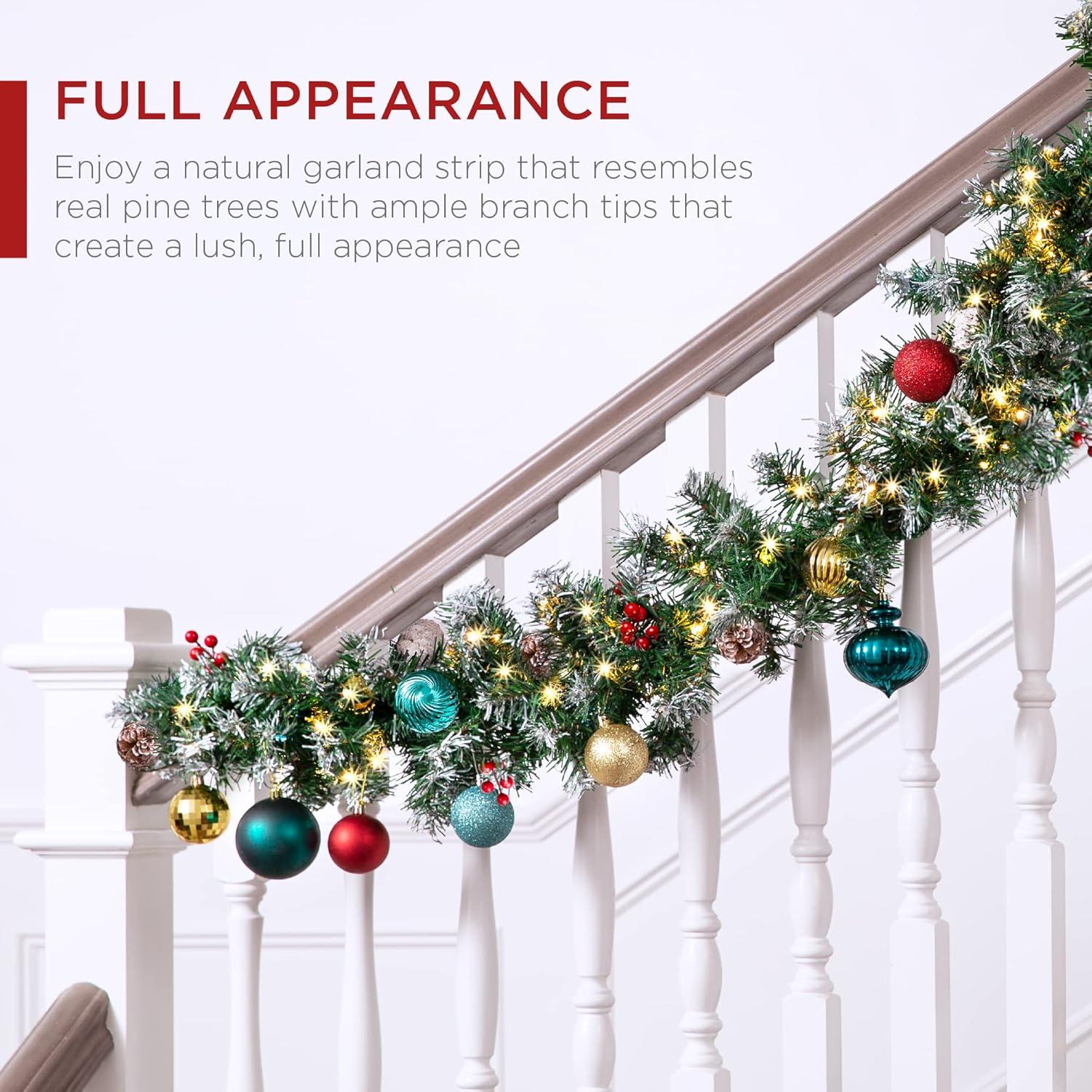 imageBest Choice Products 9ft PreLit Holiday PreDecorated Christmas Garland for Stairs Fireplace Decoration wPVC Tips 50 Lights Pine Cones Berries  SemiFlockedFlocked  Battery