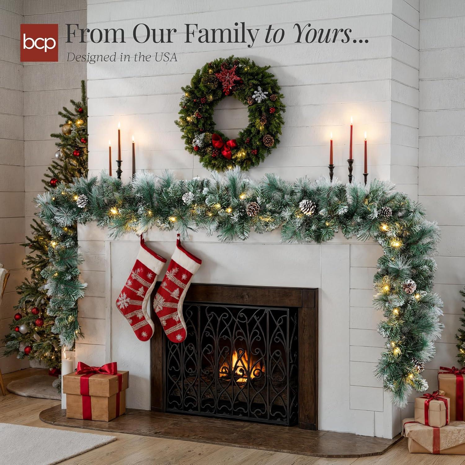 imageBest Choice Products 9ft PreLit Holiday PreDecorated Christmas Garland for Stairs Fireplace Decoration wPVC Tips 50 Lights Pine Cones Berries  SemiFlockedFrosted  Battery