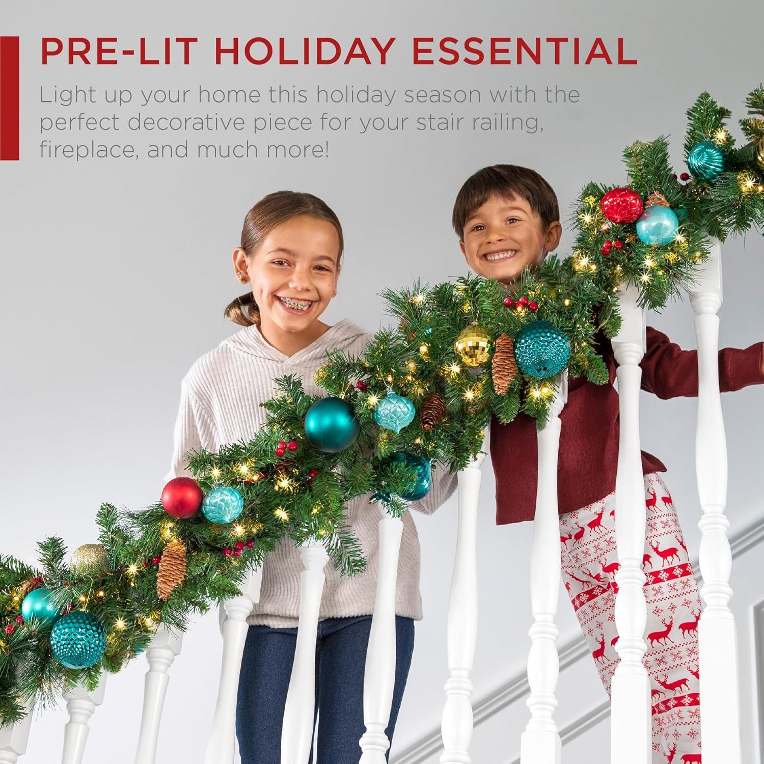 imageBest Choice Products 9ft PreLit Holiday PreDecorated Christmas Garland for Stairs Fireplace Decoration wPVC Tips 50 Lights Pine Cones Berries  SemiFlockedGreenBerries  Battery