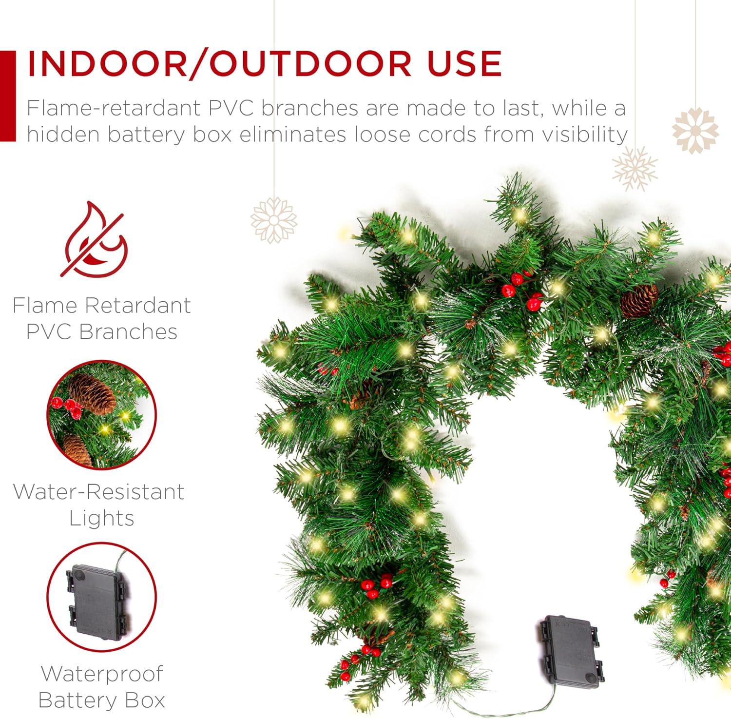 imageBest Choice Products 9ft PreLit Holiday PreDecorated Christmas Garland for Stairs Fireplace Decoration wPVC Tips 50 Lights Pine Cones Berries  SemiFlockedGreenBerries  Battery