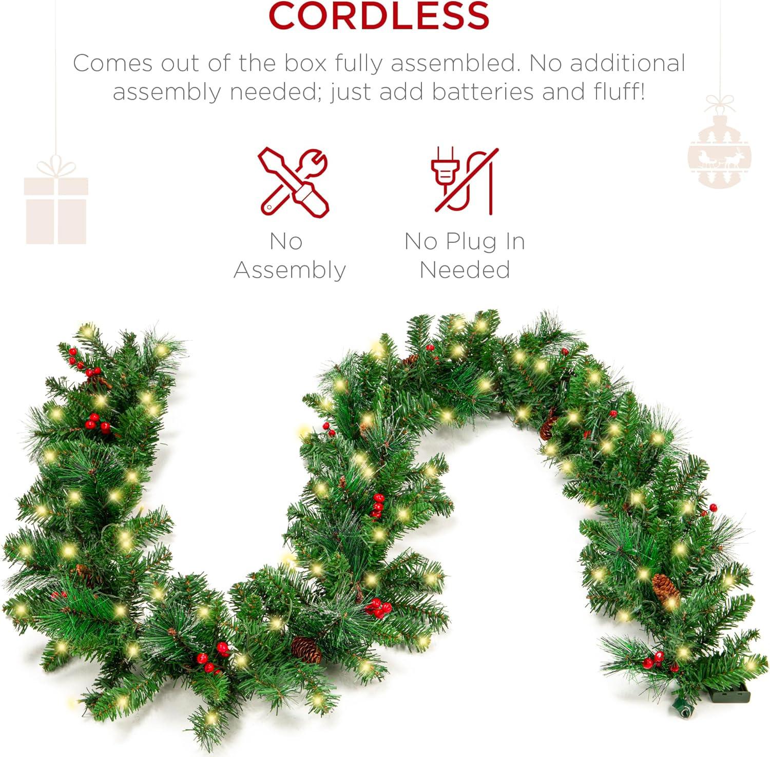 imageBest Choice Products 9ft PreLit Holiday PreDecorated Christmas Garland for Stairs Fireplace Decoration wPVC Tips 50 Lights Pine Cones Berries  SemiFlockedGreenBerries  Battery