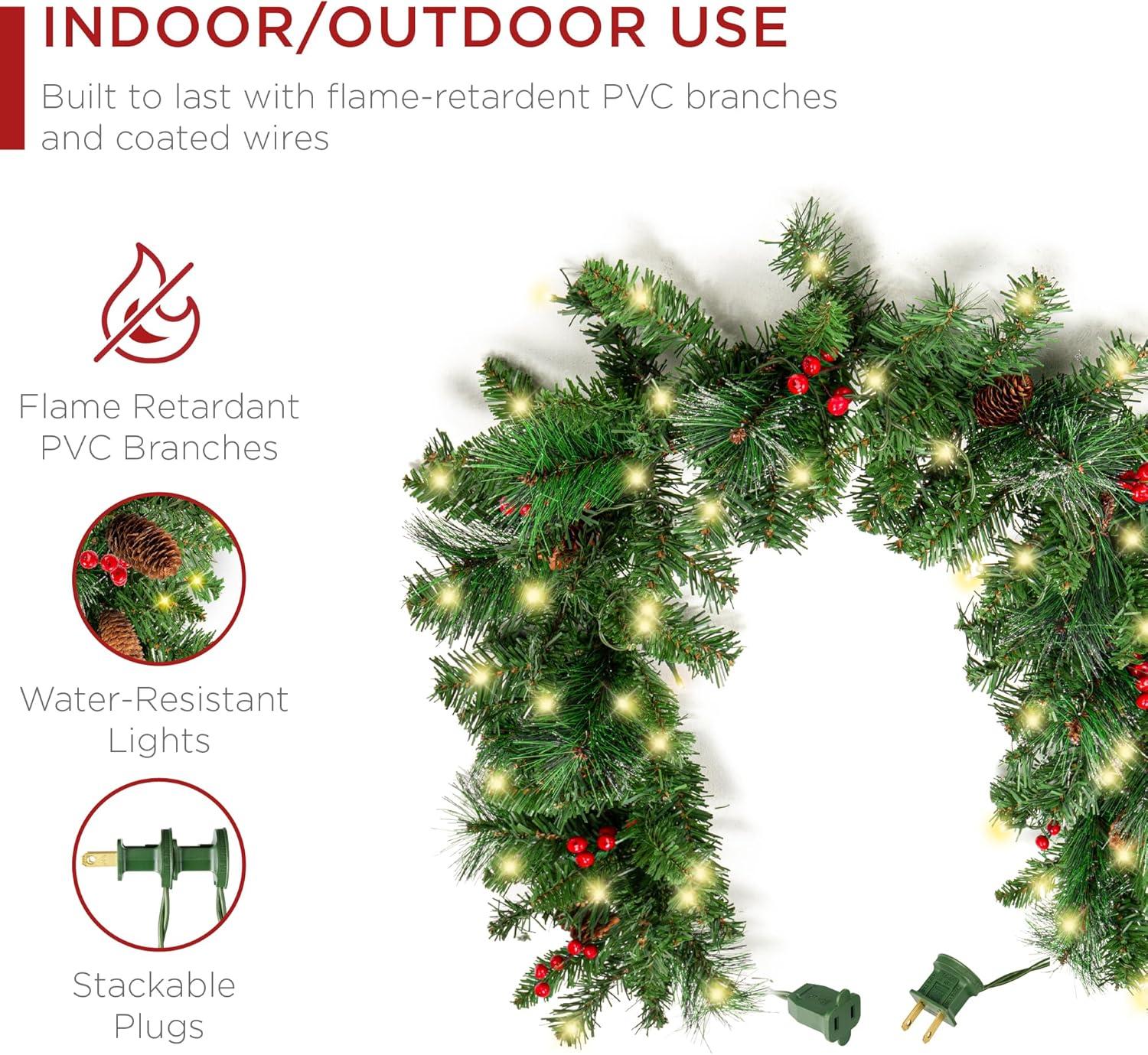 imageBest Choice Products 9ft PreLit Holiday PreDecorated Christmas Garland for Stairs Fireplace Decoration wPVC Tips 50 Lights Pine Cones Berries  SemiFlockedGreenBerries  Corded