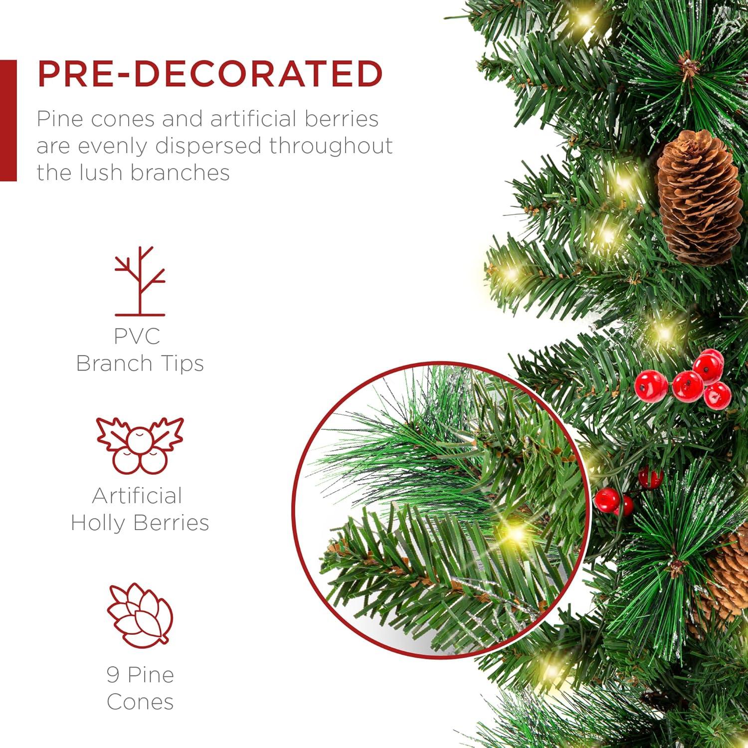 imageBest Choice Products 9ft PreLit Holiday PreDecorated Christmas Garland for Stairs Fireplace Decoration wPVC Tips 50 Lights Pine Cones Berries  SemiFlockedGreenBerries  Corded