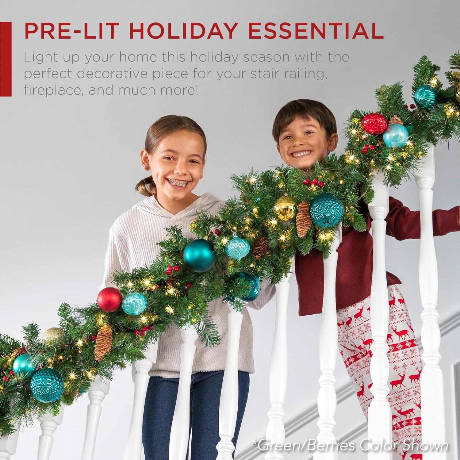imageBest Choice Products 9ft PreLit Holiday PreDecorated Christmas Garland for Stairs Fireplace Decoration wPVC Tips 50 Lights Pine Cones Berries  SemiFlockedGreen  Battery