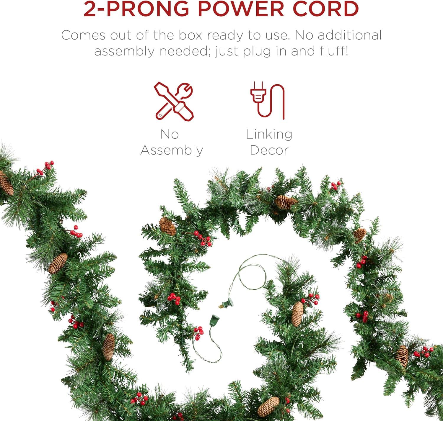imageBest Choice Products 9ft PreLit Holiday PreDecorated Christmas Garland for Stairs Fireplace Decoration wPVC Tips 50 Lights Pine Cones Berries  SemiFlockedGreenBerries  Corded