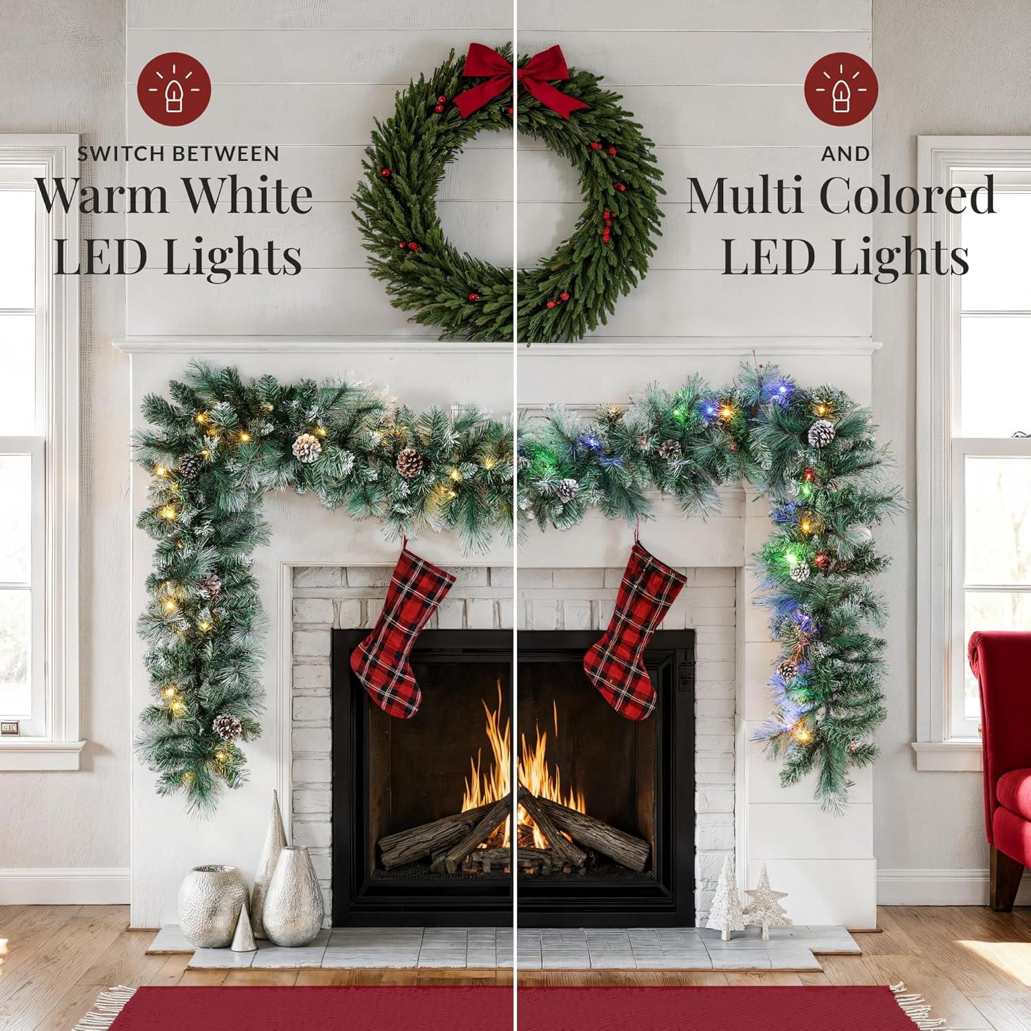 imageBest Choice Products 9ft PreLit Holiday PreDecorated Christmas Garland for Stairs Fireplace Decoration wPVC Tips 50 Lights Pine Cones Berries  SemiFlockedFrosted  Battery