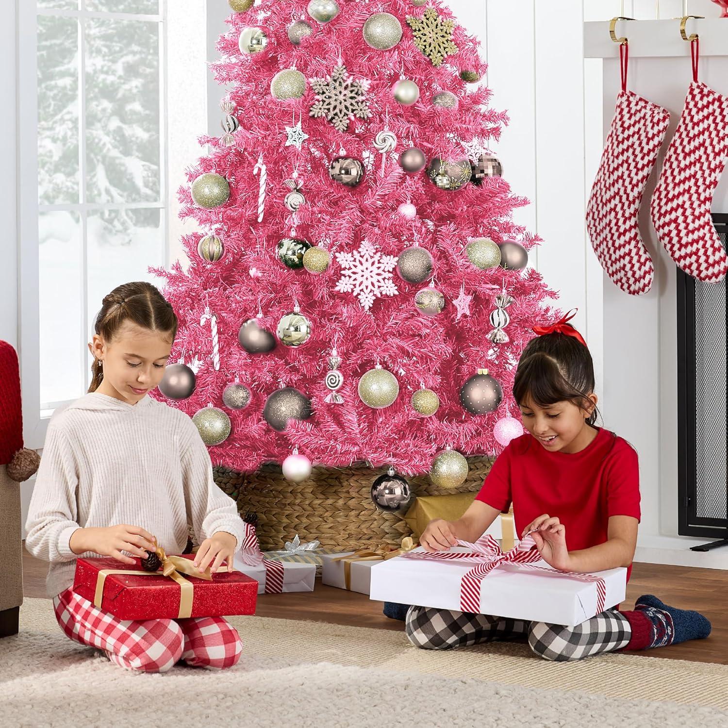 imageBest Choice Products Artificial Christmas Tree 6ft Premium Unlit Hinged Design Dense Branches Realistic Holiday Dcor wEasy Assembly BasePink