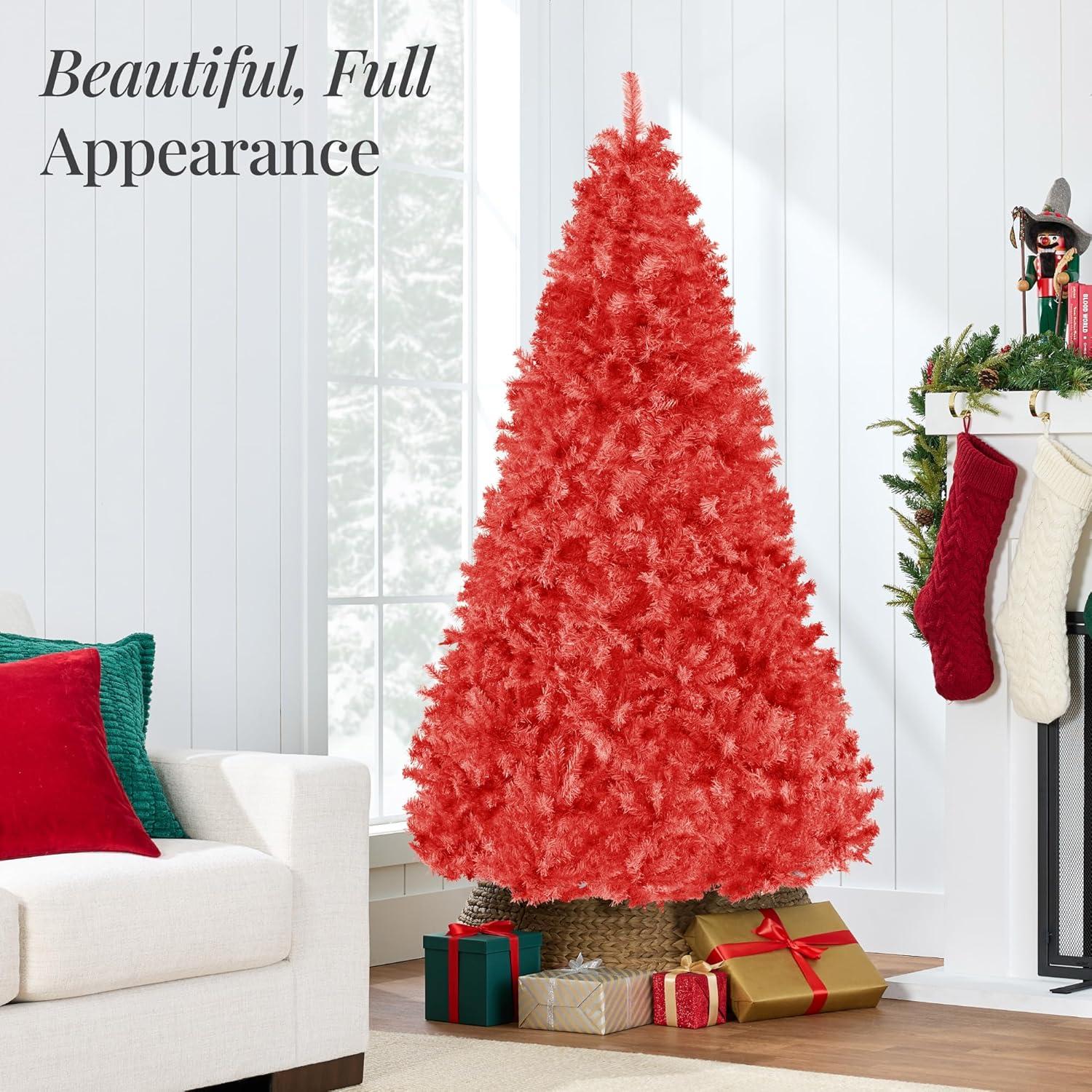 imageBest Choice Products Artificial Christmas Tree 6ft Premium Unlit Hinged Design Dense Branches Realistic Holiday Dcor wEasy Assembly BaseRed