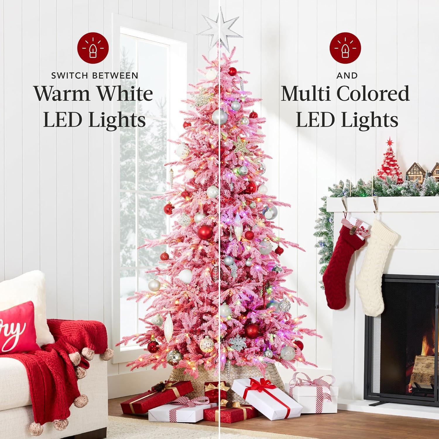 imageBest Choice Products Lighted Aspen Christmas Tree 6ft Flocked Artifical Noble Fir PreLit White ampamp Multicolored LED Lights Premium Holiday Dcor  GreenPink