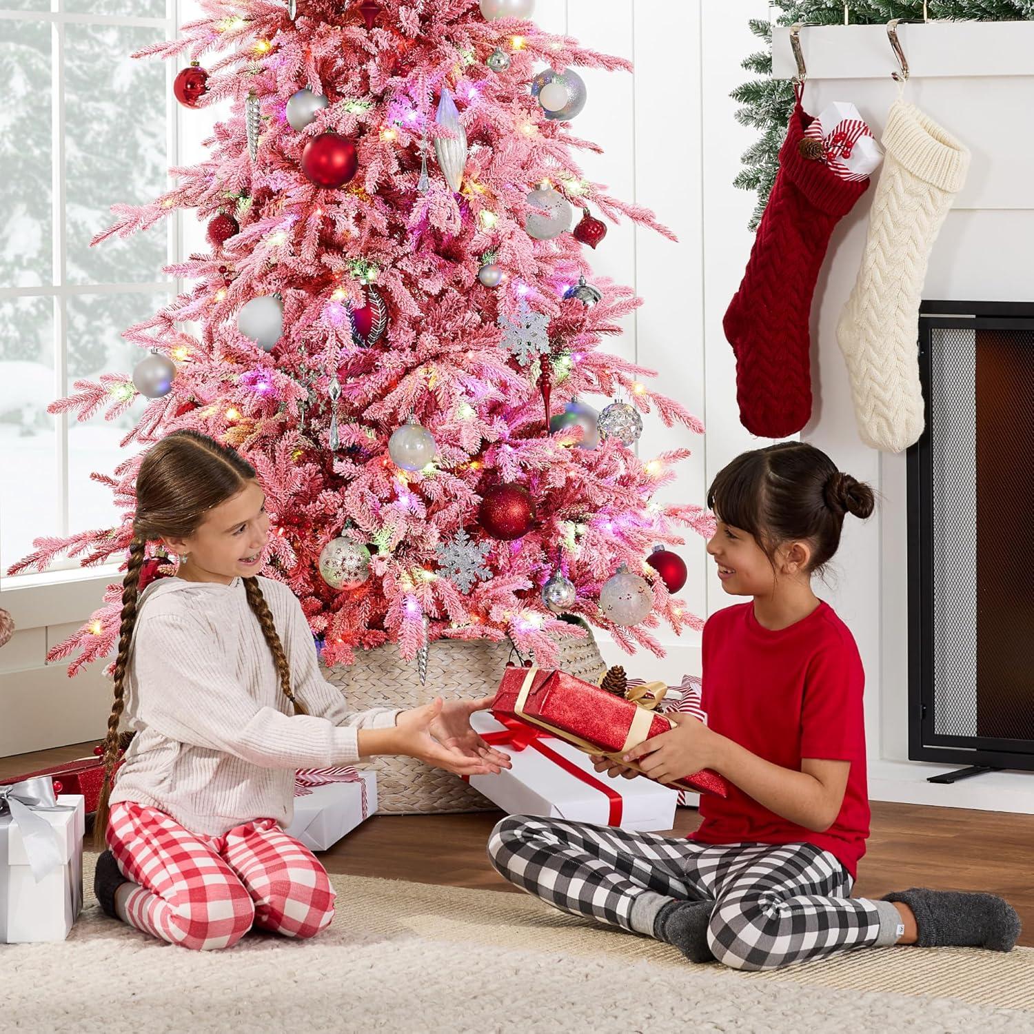 imageBest Choice Products Lighted Aspen Christmas Tree 6ft Flocked Artifical Noble Fir PreLit White ampamp Multicolored LED Lights Premium Holiday Dcor  GreenPink