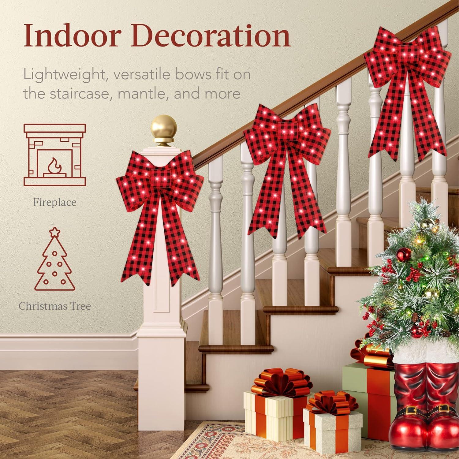 imageBest Choice Products Set of 3 Bows PreLit Christmas Bow Decoration IndoorOutdoor LED Holiday Dcor w 30 Lights Outdoor Battery Box Timer 8 Light Functions  RedBlack Buffalo PlaidPlaid 3 Piece Set