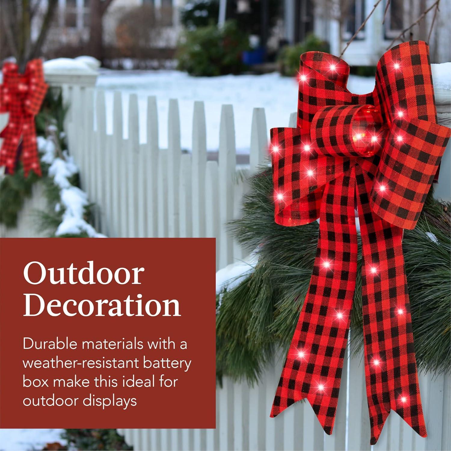 imageBest Choice Products Set of 3 Bows PreLit Christmas Bow Decoration IndoorOutdoor LED Holiday Dcor w 30 Lights Outdoor Battery Box Timer 8 Light Functions  RedBlack Buffalo PlaidPlaid 3 Piece Set