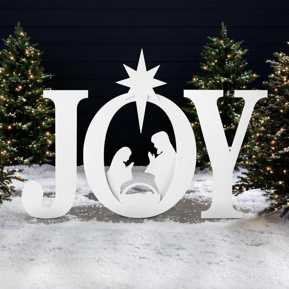 imageBest Choice Products 46in Outdoor JOY Christmas Nativity Decoration 3 Piece Yard Decor Sign Holy Weather Resistant PVC Silhouette for Garden  RedWhiteWhite