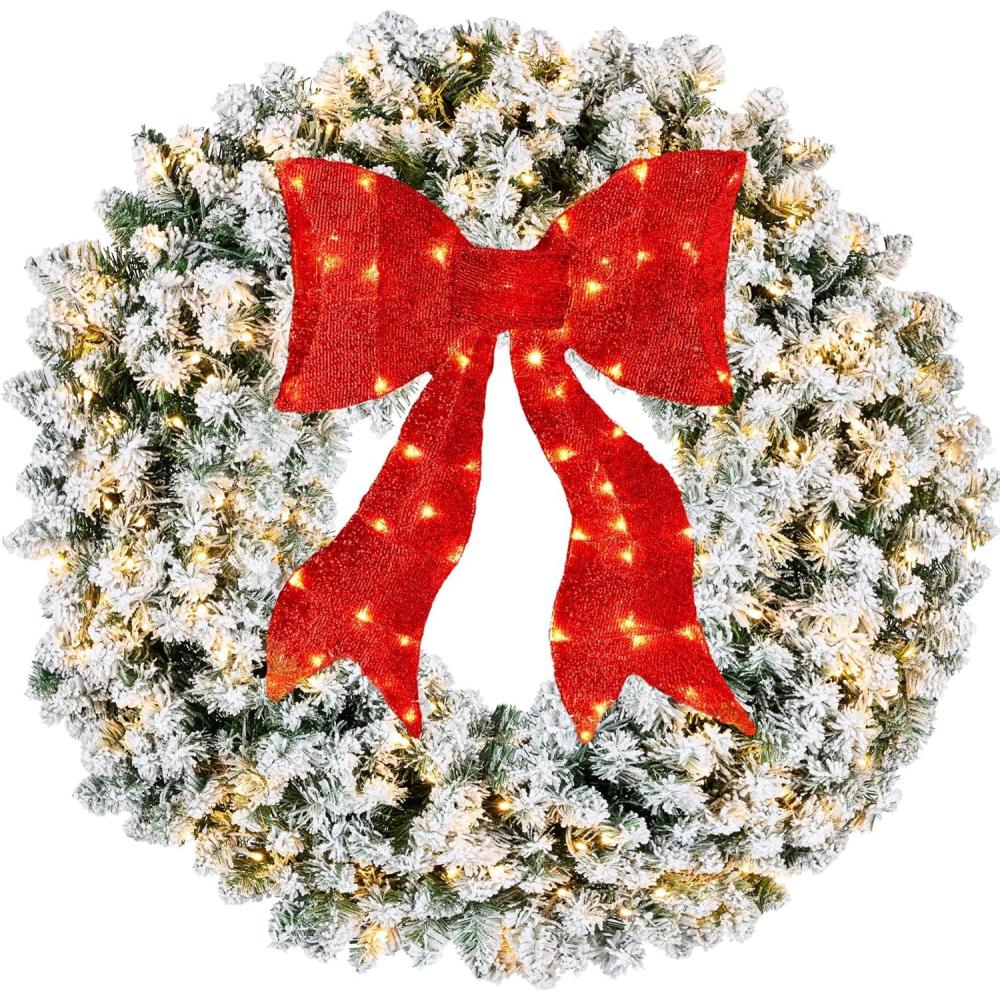 imageBest Choice Products 48in Large Flocked Artificial PreLit Fir Christmas Wreath Holiday Accent Decoration for Door Mantel wRed Lighted Bow 250 LED Lights 714 PVC Tips Power Plugin60in
