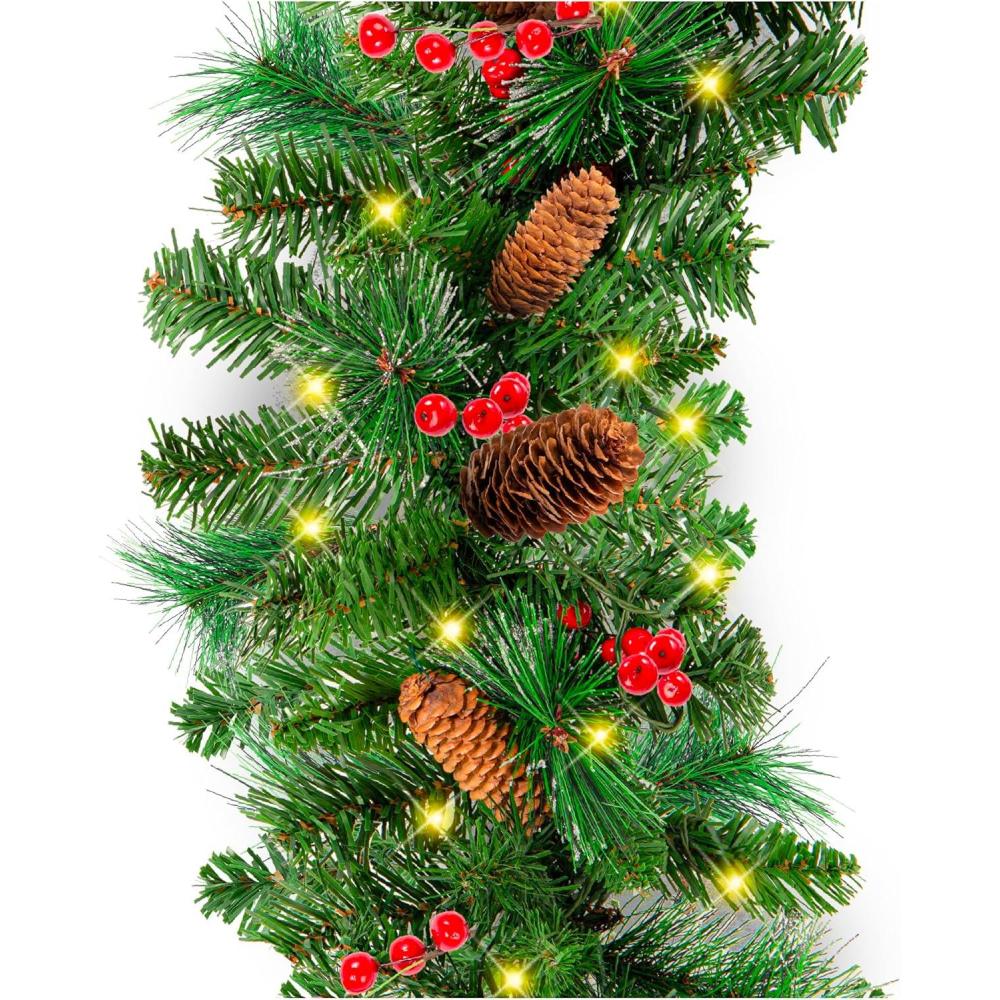 imageBest Choice Products 9ft PreLit Holiday PreDecorated Christmas Garland for Stairs Fireplace Decoration wPVC Tips 50 Lights Pine Cones Berries  SemiFlockedGreenBerries  Battery