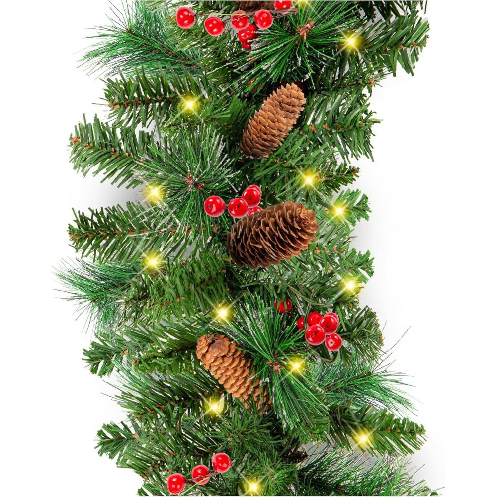 imageBest Choice Products 9ft PreLit Holiday PreDecorated Christmas Garland for Stairs Fireplace Decoration wPVC Tips 50 Lights Pine Cones Berries  SemiFlockedGreenBerries  Corded
