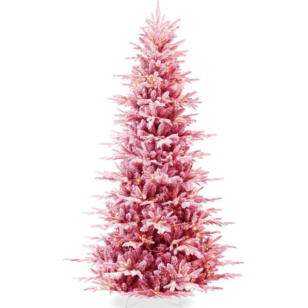imageBest Choice Products Lighted Aspen Christmas Tree 6ft Flocked Artifical Noble Fir PreLit White ampamp Multicolored LED Lights Premium Holiday Dcor  GreenPink