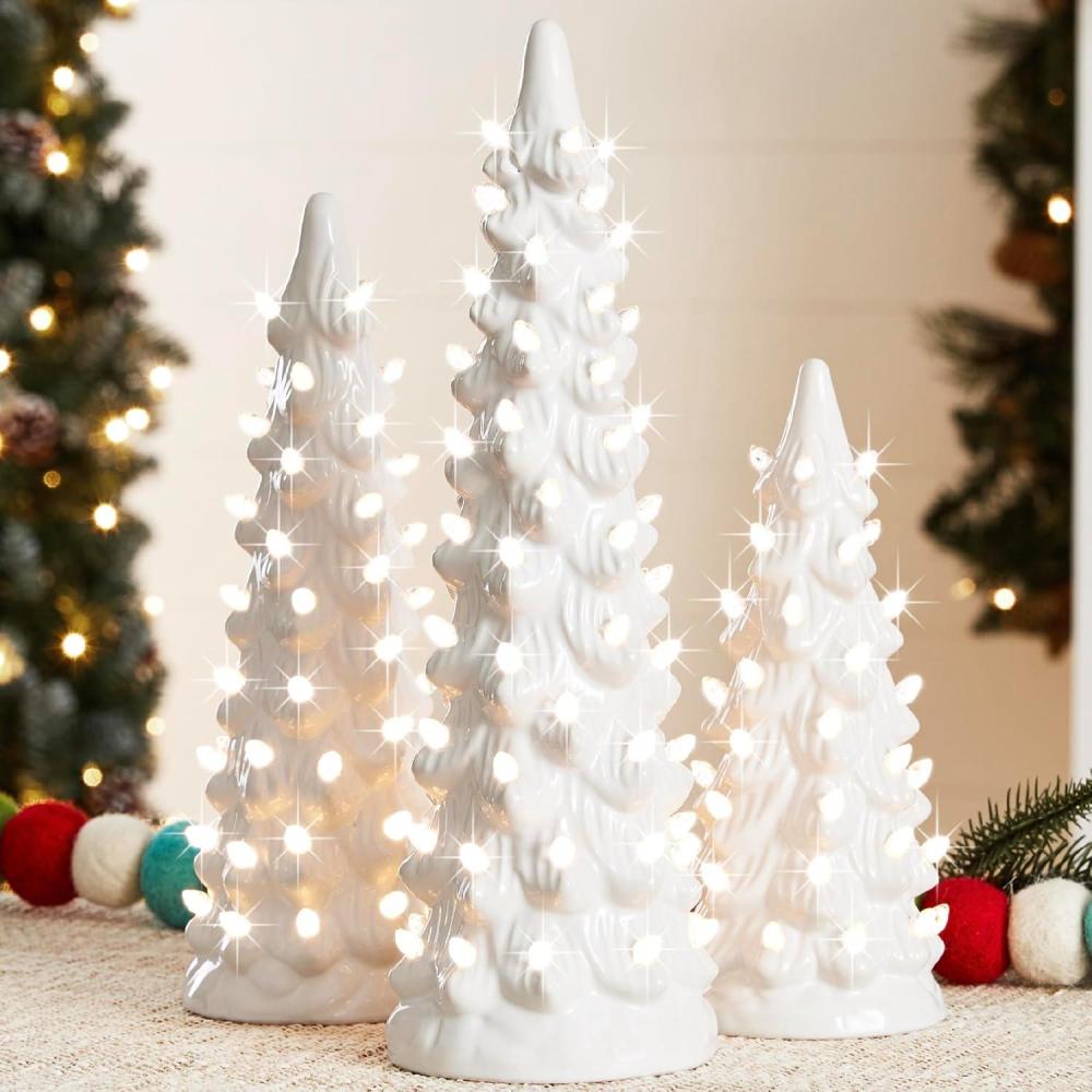 imageBest Choice Products Set of 3 Ceramic Christmas Trees PreLit HandPainted Tabletop Holiday Decoration wMulticolor Bulbs LED Lights  GreenWhite W Warm White Lights