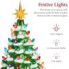 imageBest Choice Products 15in Ceramic Christmas Tree Prelit HandPainted Tabletop Holiday Tree 2 Star Toppers 64 Lights  Peppermint wRed and White BulbsFrosted W Multicolored Lights