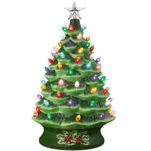 imageBest Choice Product 24in Extra Large Ceramic Christmas Tree PreLit HandPainted Tabletop XL Indoor Holiday Tree 74 Multicolor Bulbs LED Lights  GreenGreen